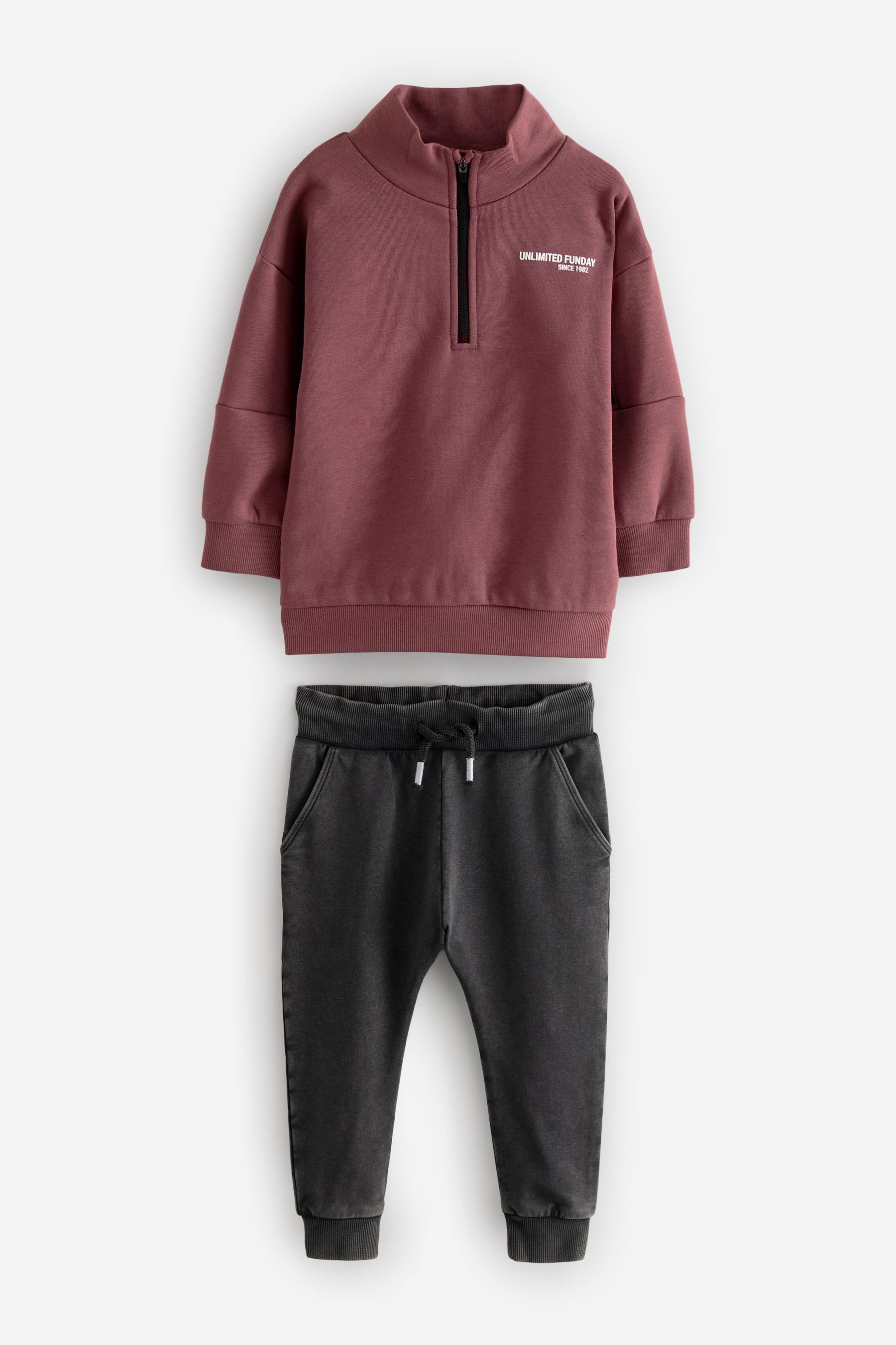 Burgundy Red Funnel Zip Neck Sweatshirt and Joggers Set (3mths-7yrs)