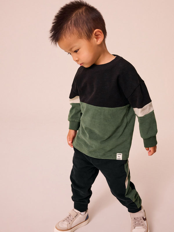 Black/Green 100% Cotton Long Sleeve Soft Touch T-Shirt and Joggers Set (3mths-7yrs)