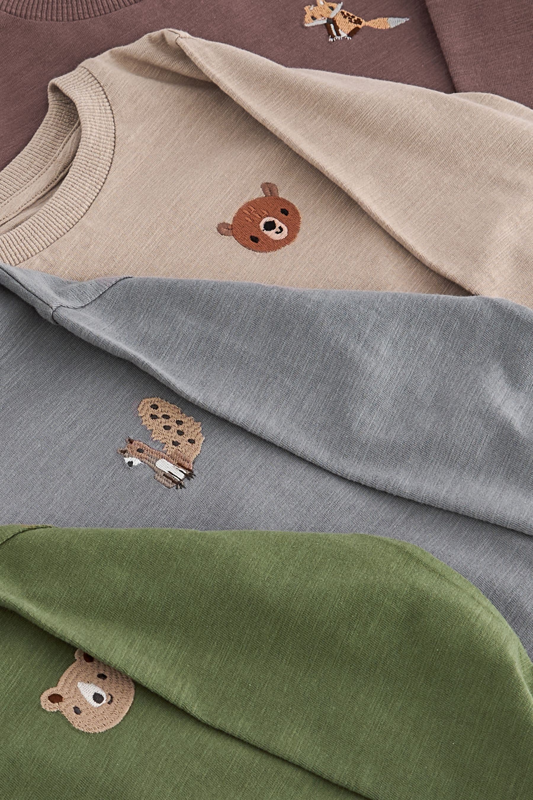 Grey/Brown Woodland Animal 100% Cotton Long Sleeve Character T-Shirts 4 Pack (3mths-7yrs)