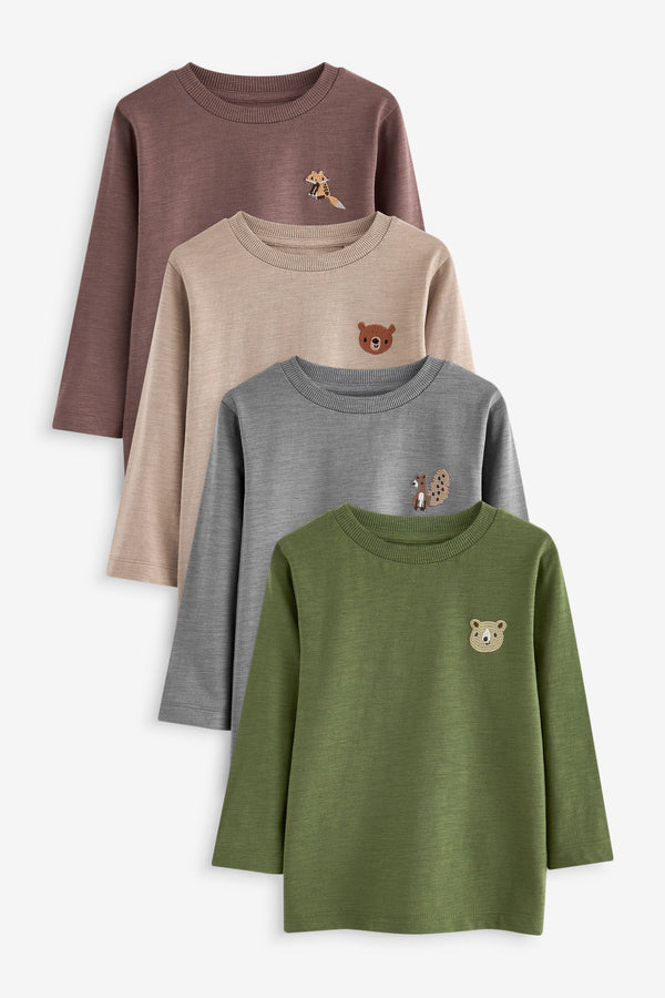 Grey/Brown Woodland Animal 100% Cotton Long Sleeve Character T-Shirts 4 Pack (3mths-7yrs)