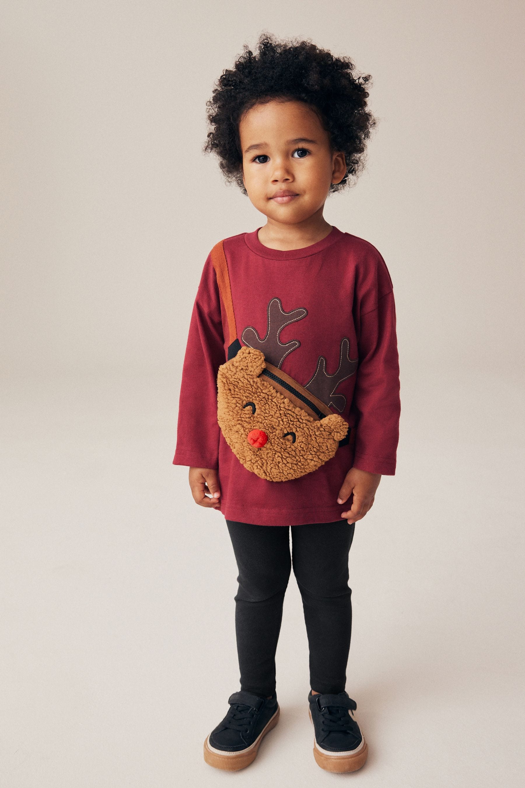 Red/Black Reindeer Christmas Bumbag Long Sleeve 100% Cotton T-Shirt And Leggings Set (3mths-7yrs) (3mths-7yrs)