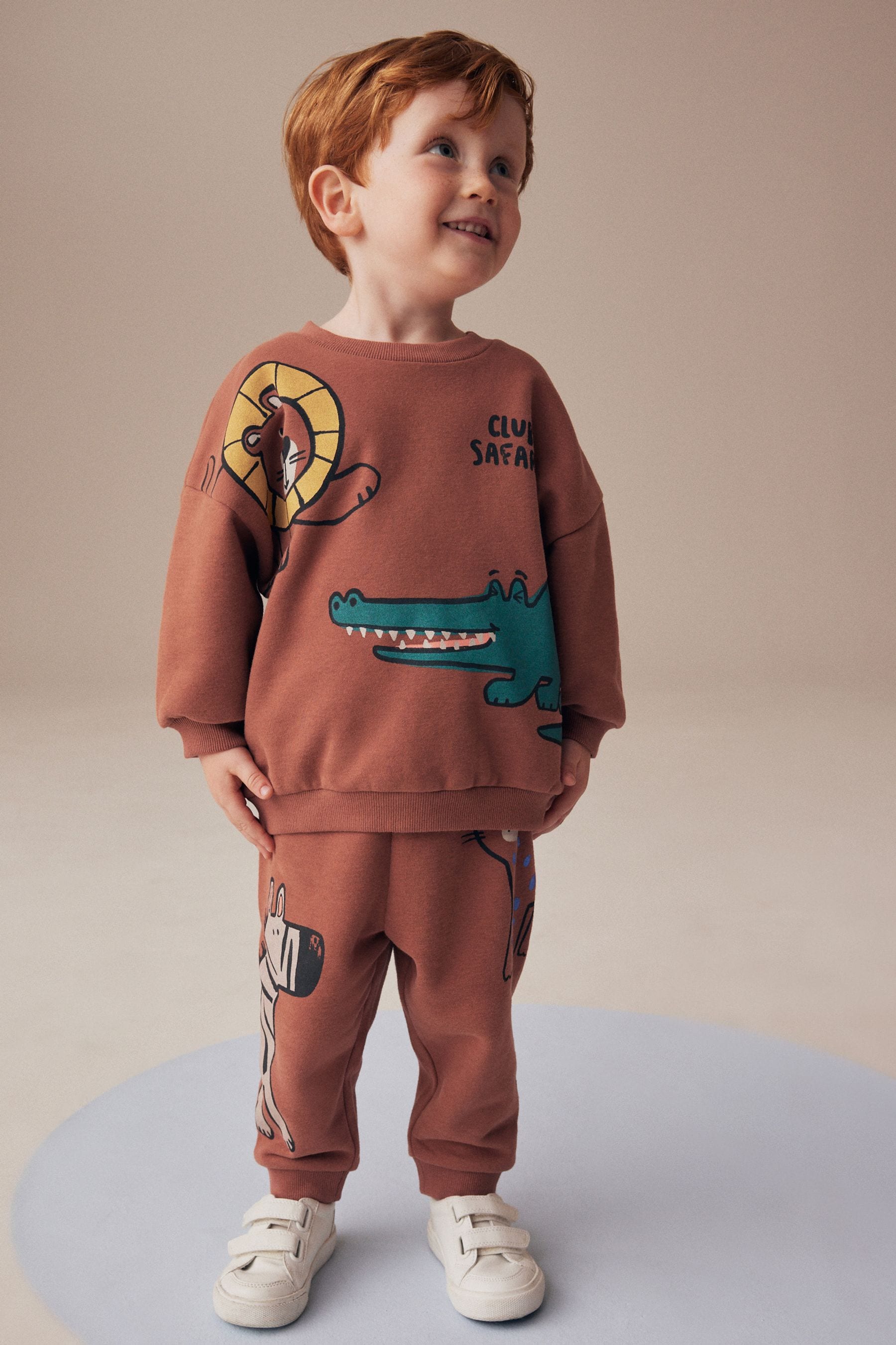 Rust Brown Safari Animals Oversized Printed Sweatshirt and Joggers Set (3mths-7yrs)