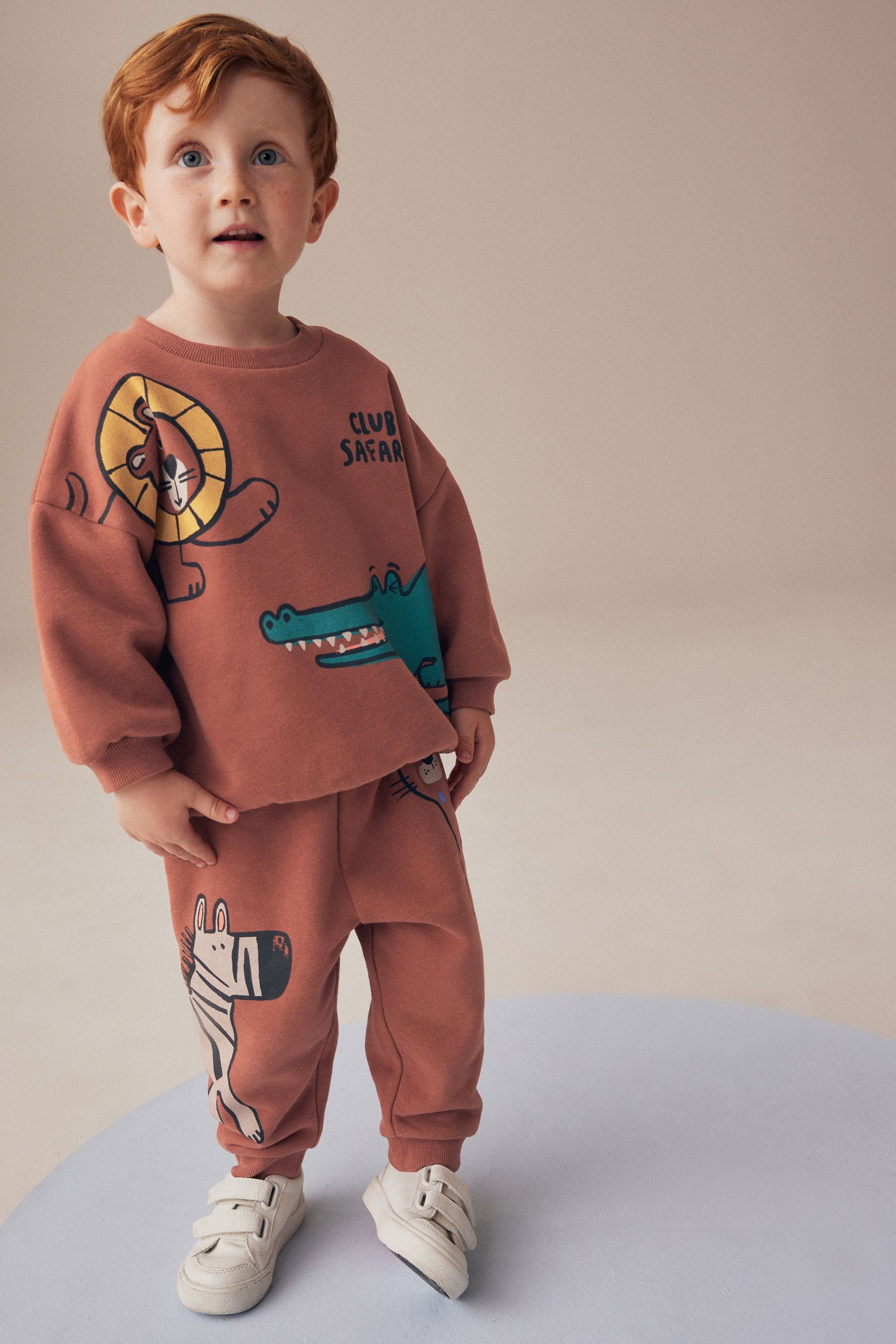 Rust Brown Safari Animals Oversized Printed Sweatshirt and Joggers Set (3mths-7yrs)