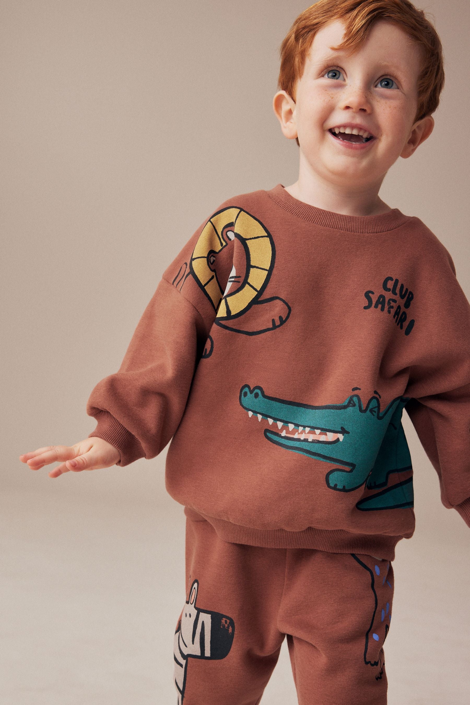 Rust Brown Safari Animals Oversized Printed Sweatshirt and Joggers Set (3mths-7yrs)