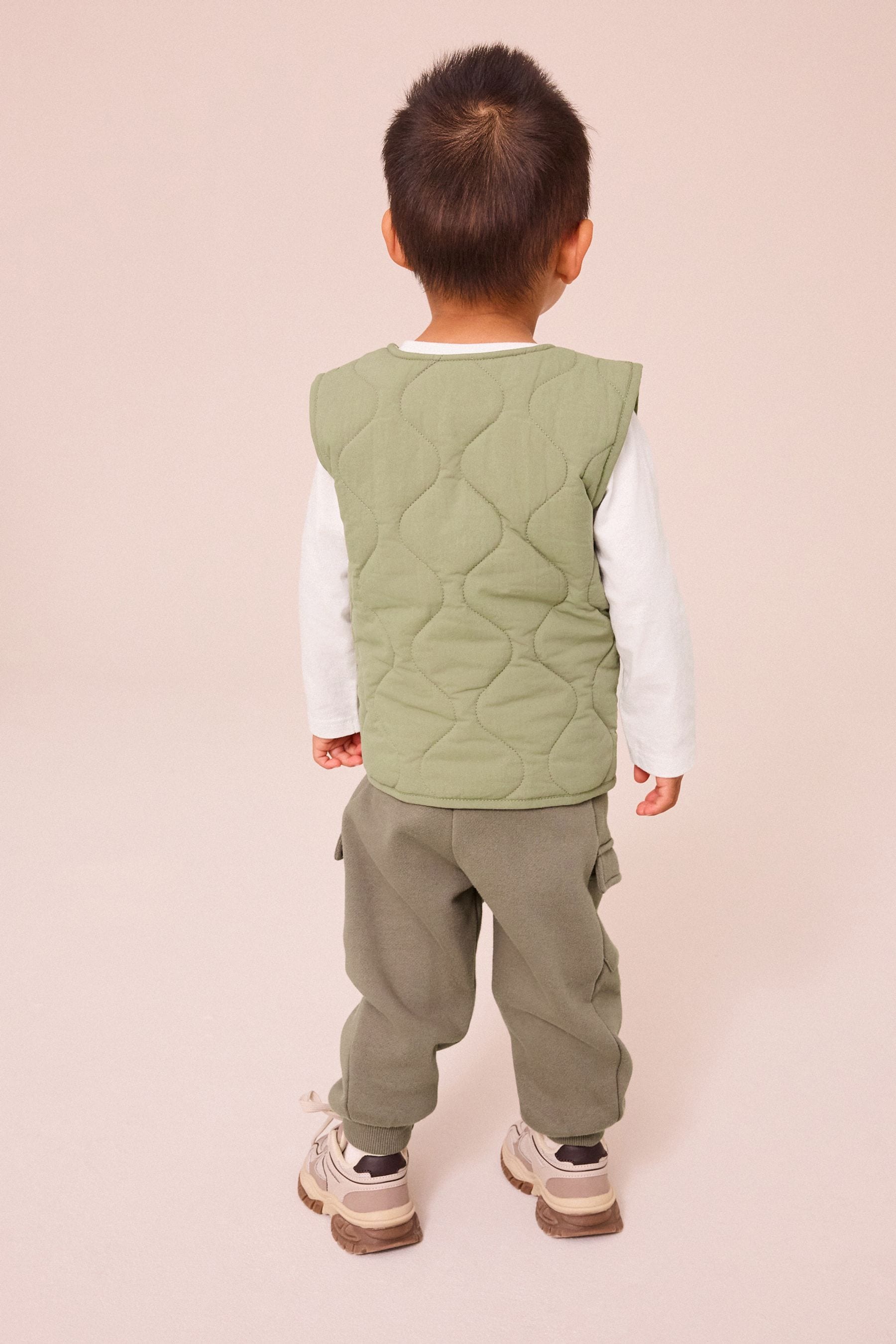 Khaki/Stone Quilted Gilet and Utility Joggers 3 Piece Set (3mths-7yrs)