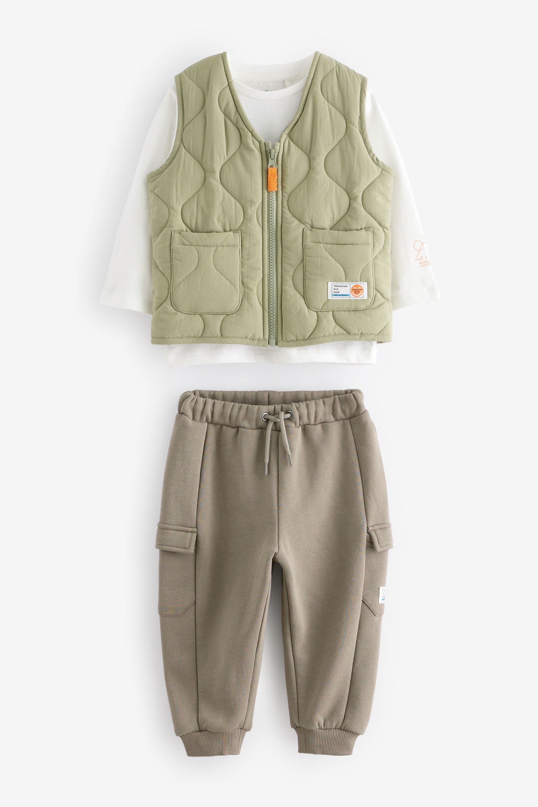 Khaki/Stone Quilted Gilet and Utility Joggers 3 Piece Set (3mths-7yrs)