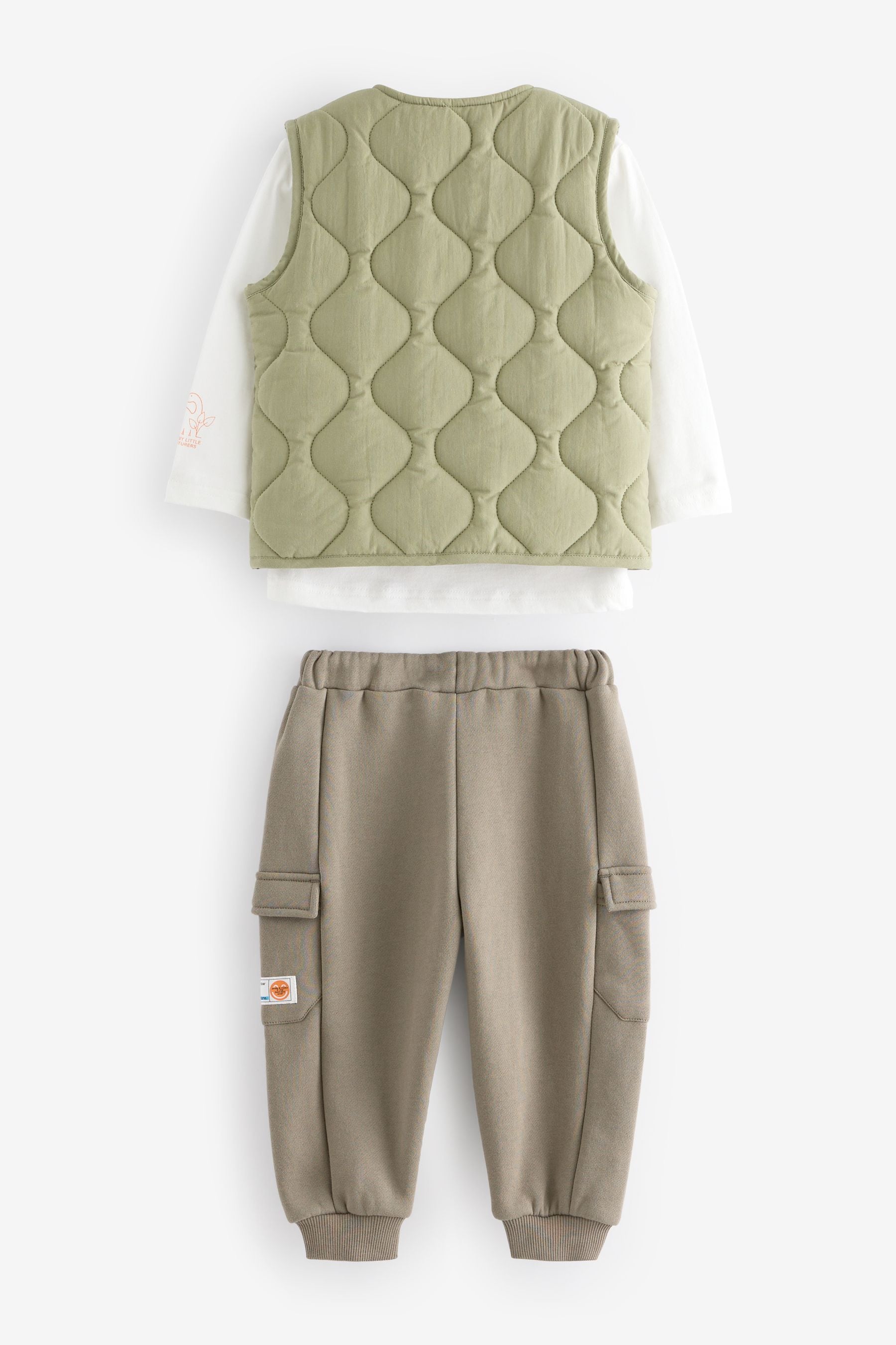 Khaki/Stone Quilted Gilet and Utility Joggers 3 Piece Set (3mths-7yrs)