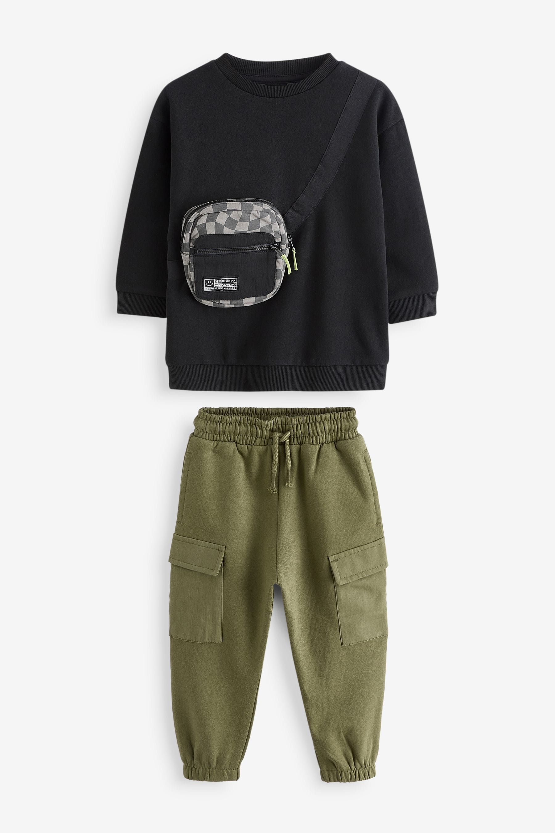 Black/Green Utility Bumbag Crew Neck 100% Cotton Sweatshirt and Joggers Set (3mths-7yrs)