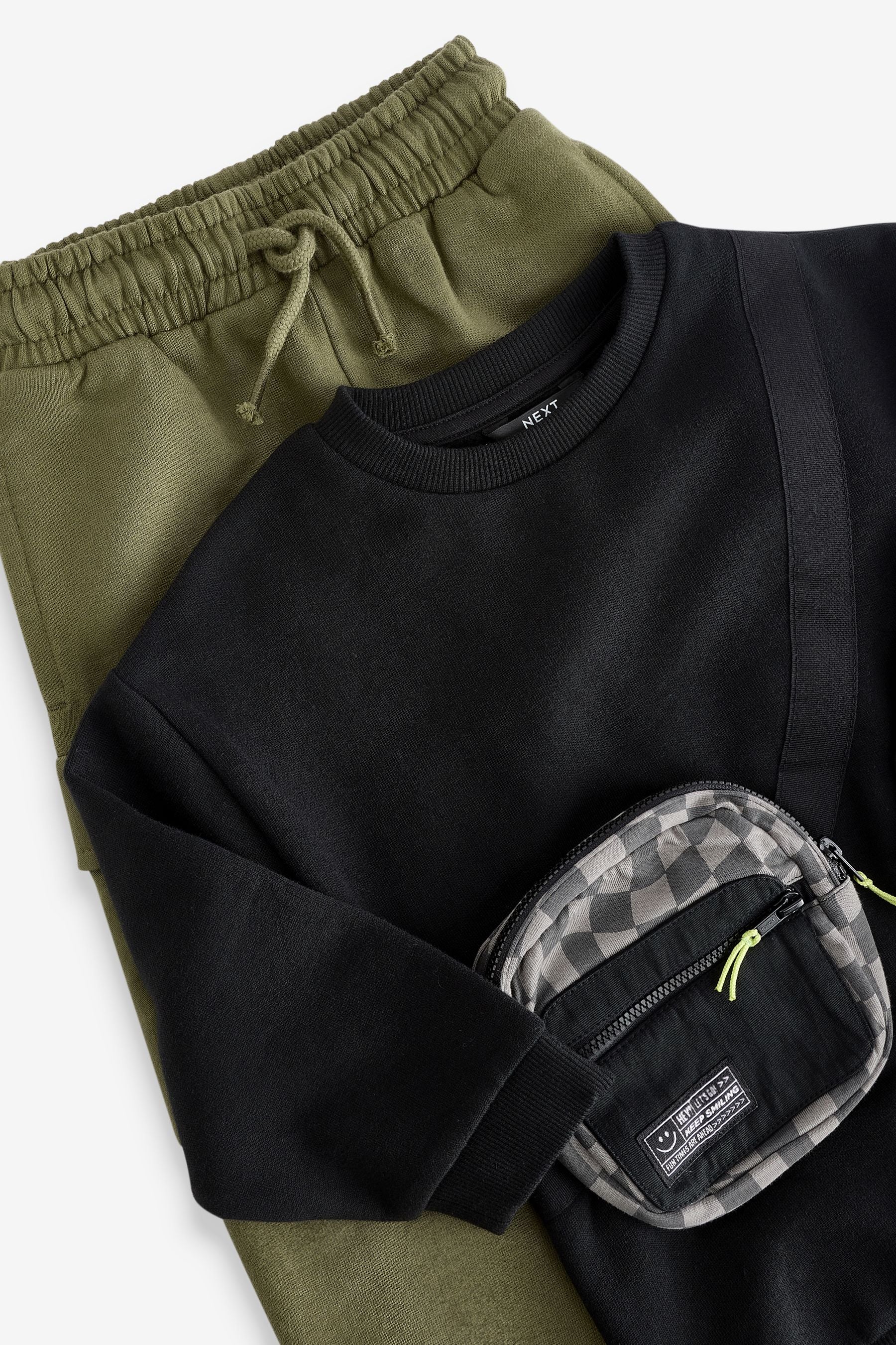 Black/Green Utility Bumbag Crew Neck 100% Cotton Sweatshirt and Joggers Set (3mths-7yrs)