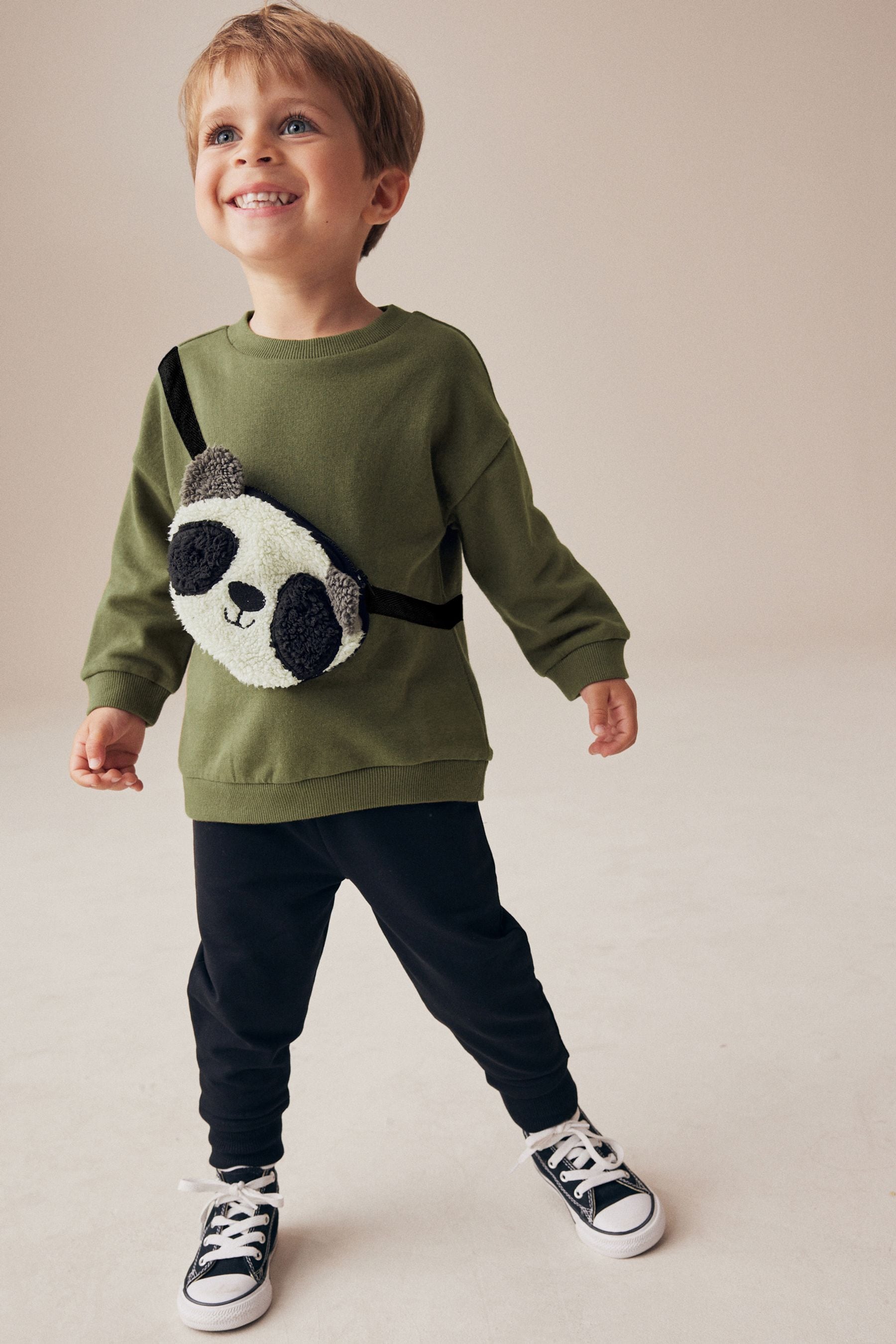 Khaki Green Panda Utility Bumbag Crew Neck Sweatshirt and Joggers Set (3mths-7yrs)