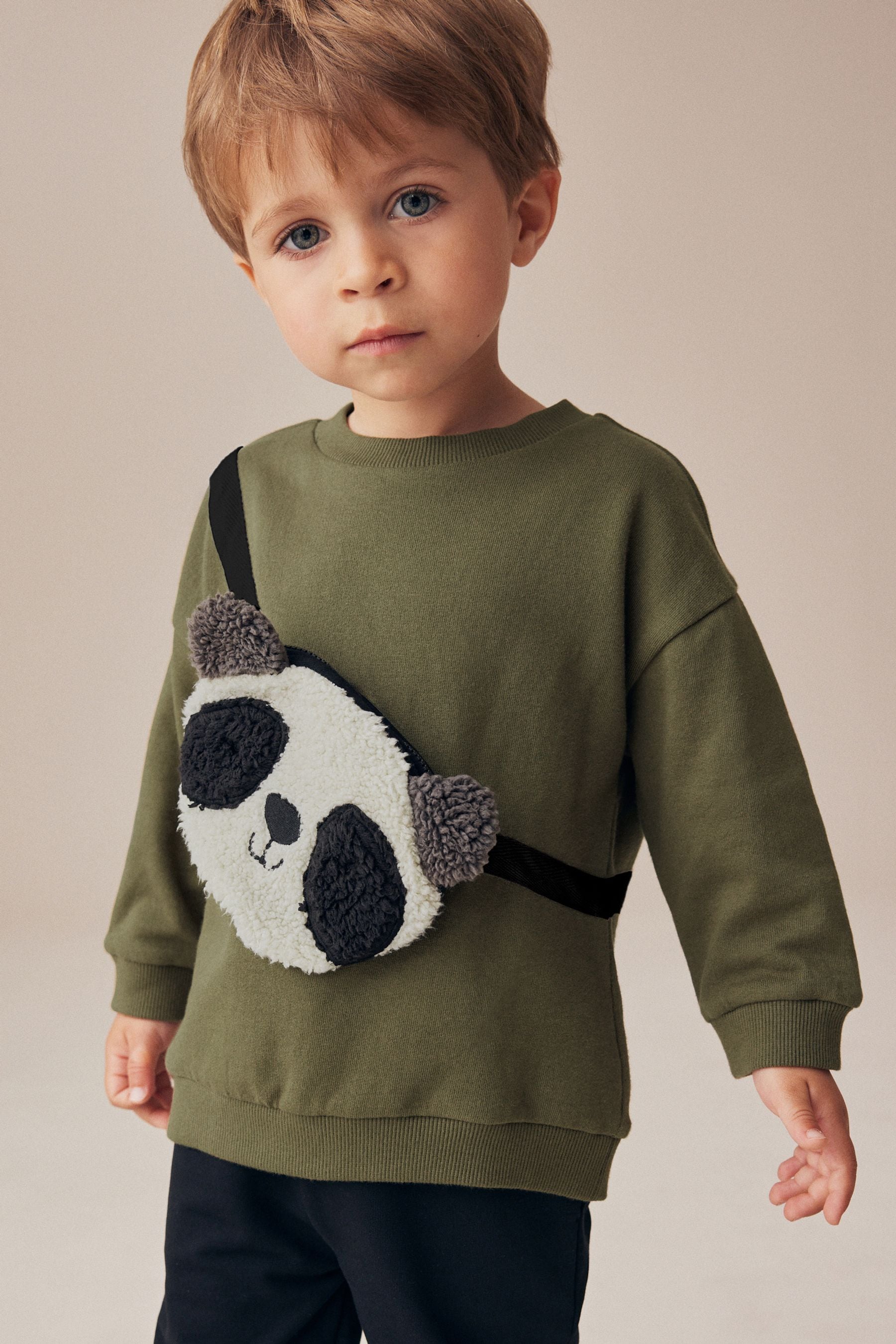 Khaki Green Panda Utility Bumbag Crew Neck 100% Cotton Sweatshirt and Joggers Set (3mths-7yrs)