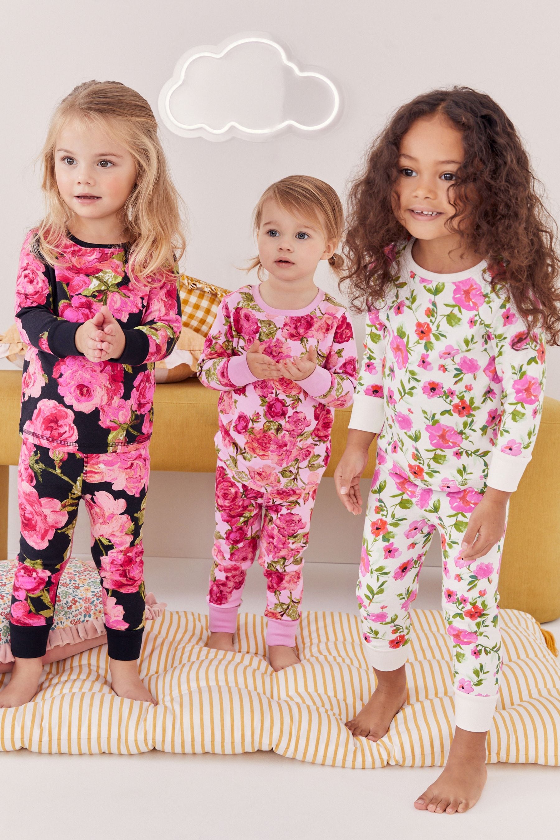 Pink/Black 3 Pack 100% Cotton Floral Snuggle Pyjamas (9mths-16yrs)