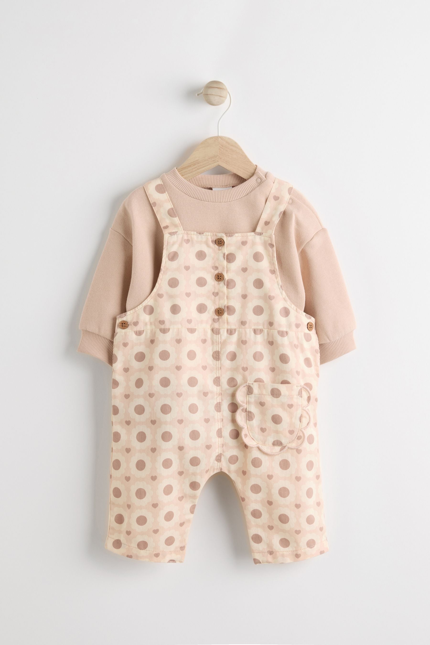 Tan Brown/Cream Floral Baby Dungarees and Bodysuit Set (0mths-3yrs)