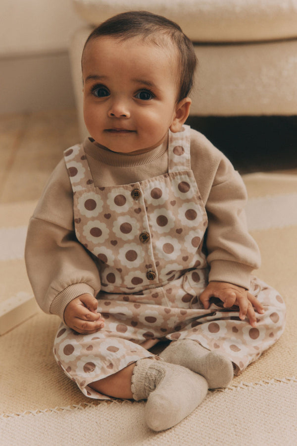 Tan Brown/Cream Floral Baby Dungarees and Bodysuit Set (0mths-2yrs)