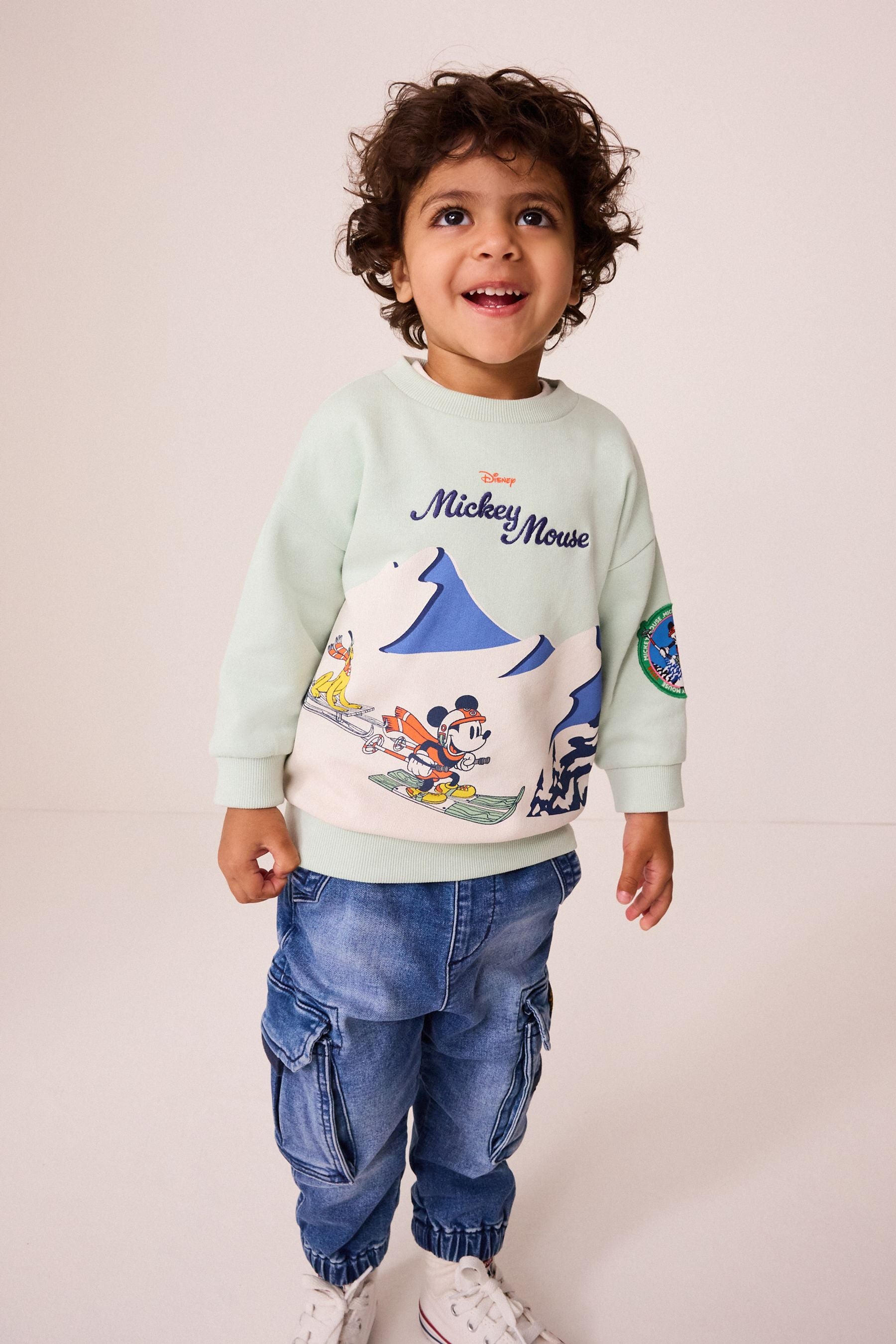 Blue Skiing Mickey Mouse Crew Neck 100% Cotton Sweatshirt (3mths-8yrs)