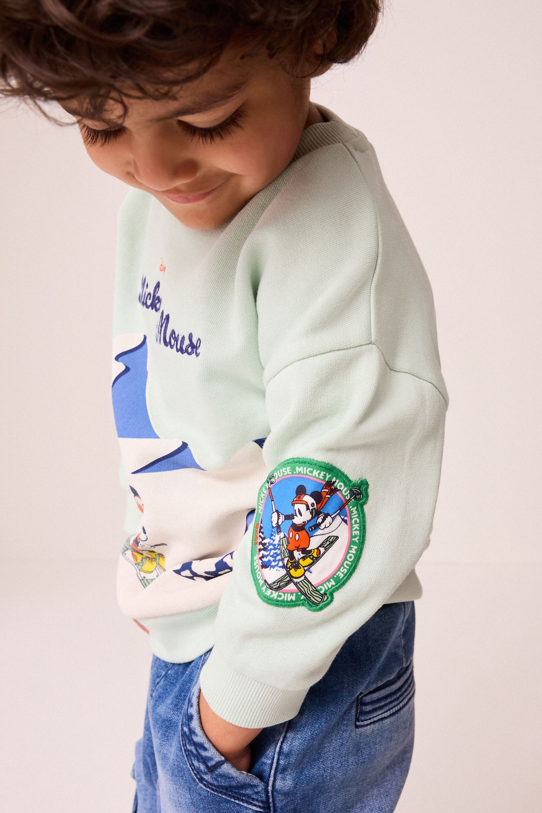 Blue Skiing Mickey Mouse Crew Neck 100% Cotton Sweatshirt (3mths-8yrs)