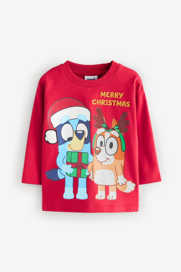 Red Bluey Long Sleeve Christmas 100% Cotton T-Shirt (6mths-8yrs)