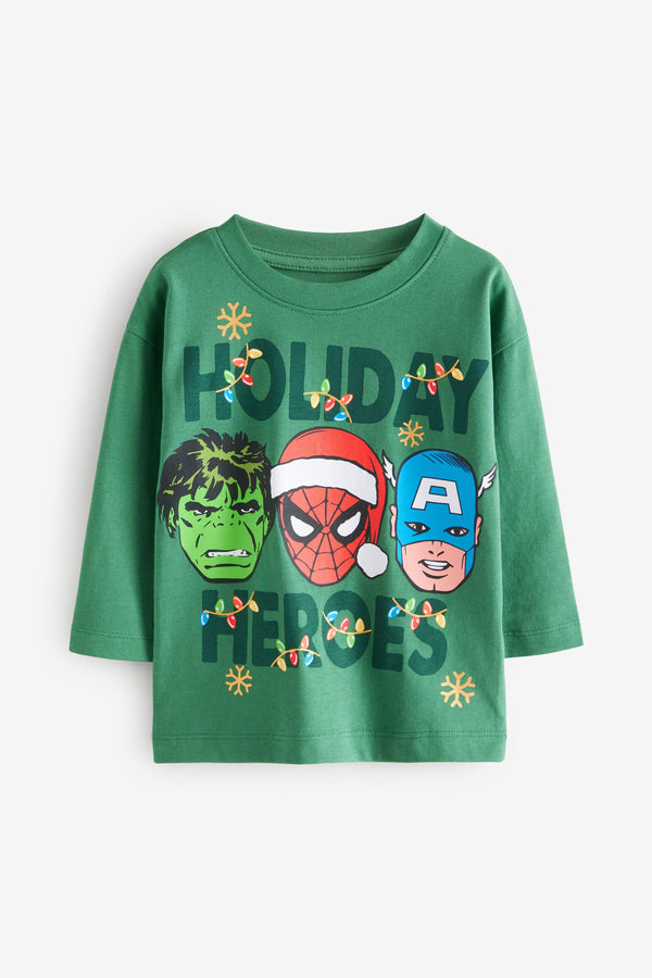 Green 100% Cotton Long Sleeve Marvel Christmas T-Shirt (3mths-8yrs)