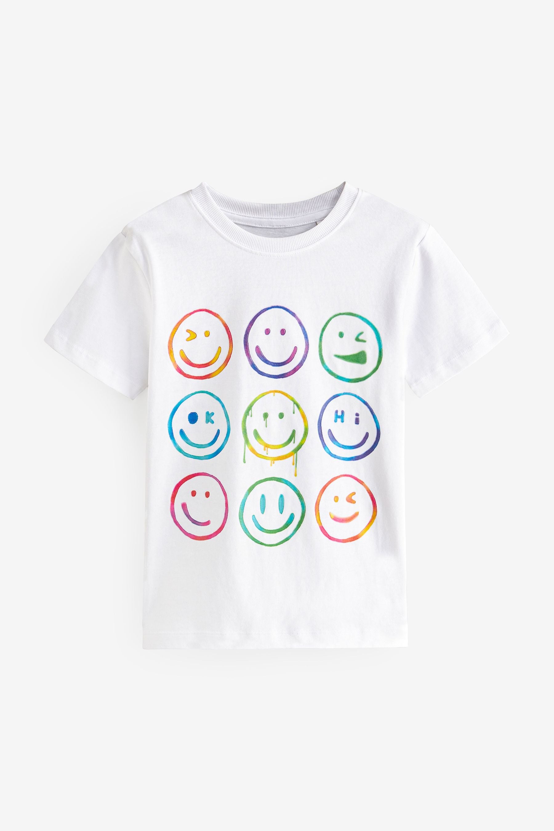 White Happy Face Short Sleeves Graphic 100% Cotton T-Shirt (3-16yrs)