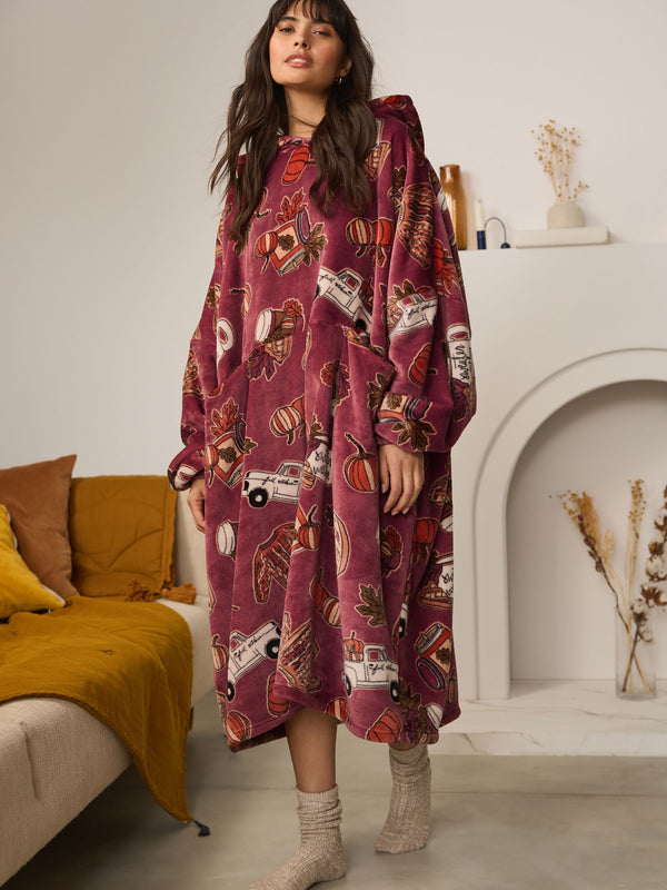 Burgundy Red Oversized Autumn Pumpkin Blanket Hoodie