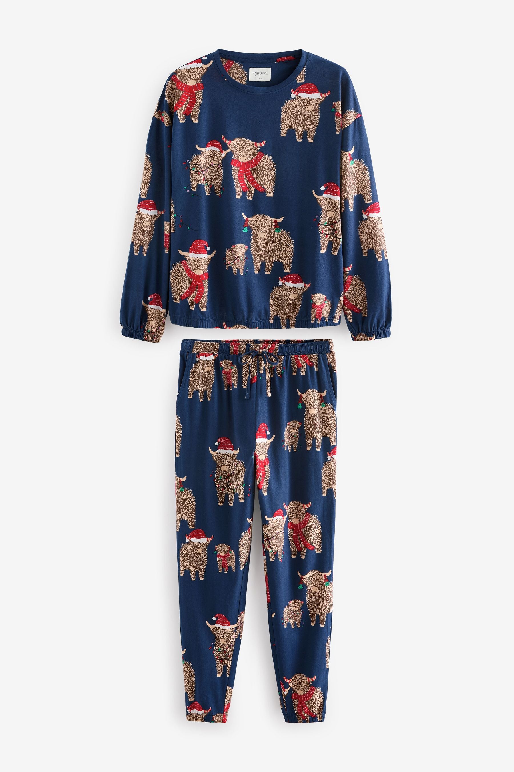 Navy Blue Matching Family Womens Christmas Hamish The Highland Cow 100% Cotton Pyjamas