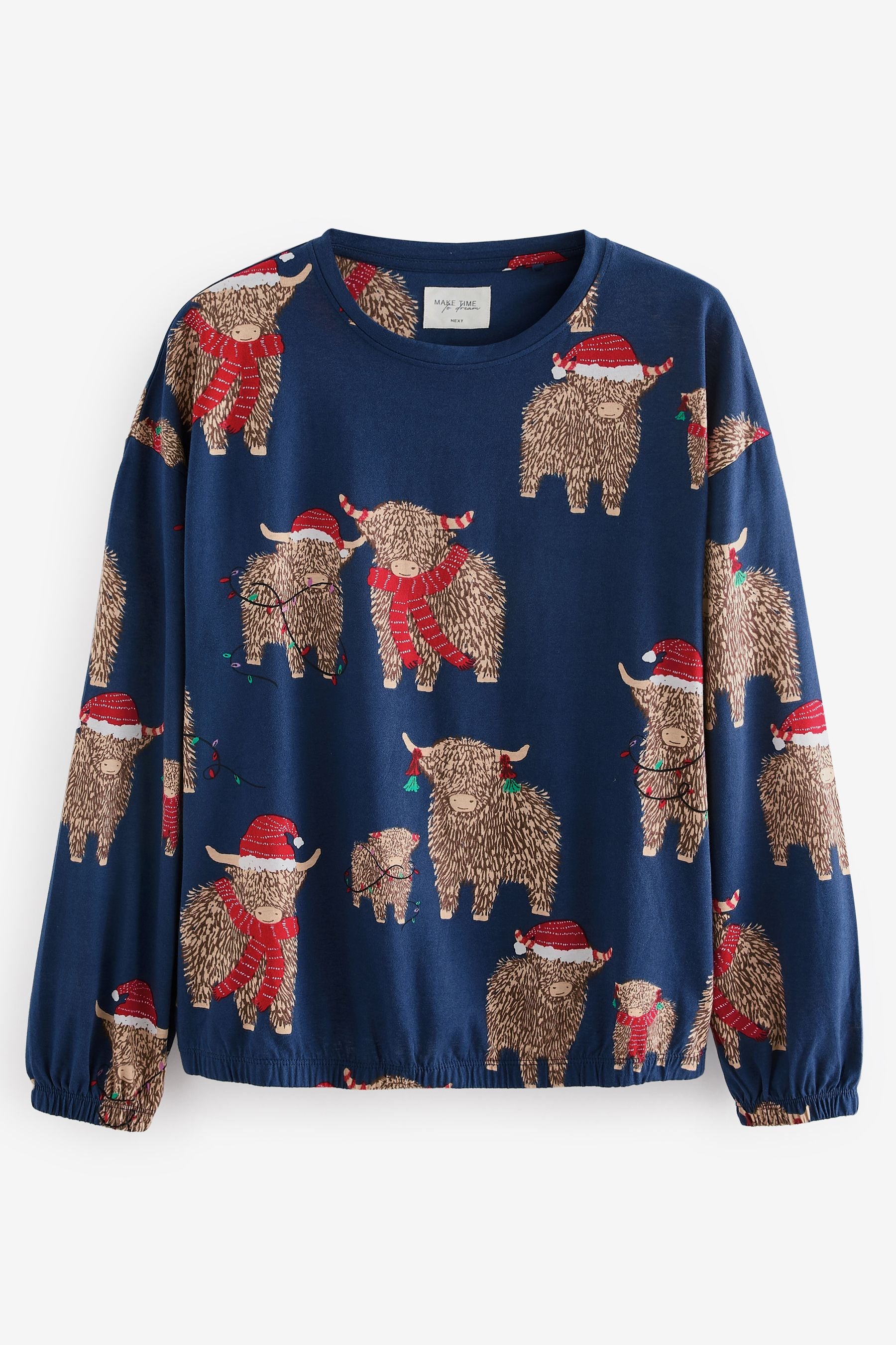 Navy Blue Matching Family Womens Christmas Hamish The Highland Cow 100% Cotton Pyjamas