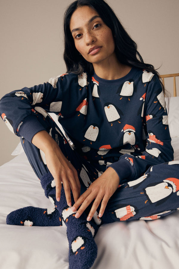 Navy Blue Matching Family Womens Christmas Penguin Pyjamas