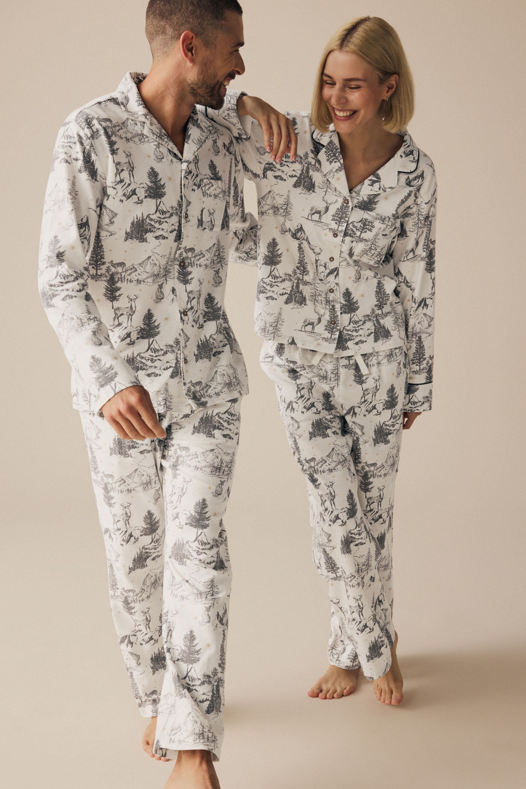 Grey Womens 100% Cotton Matching Family Christmas Mountain Print Pyjamas