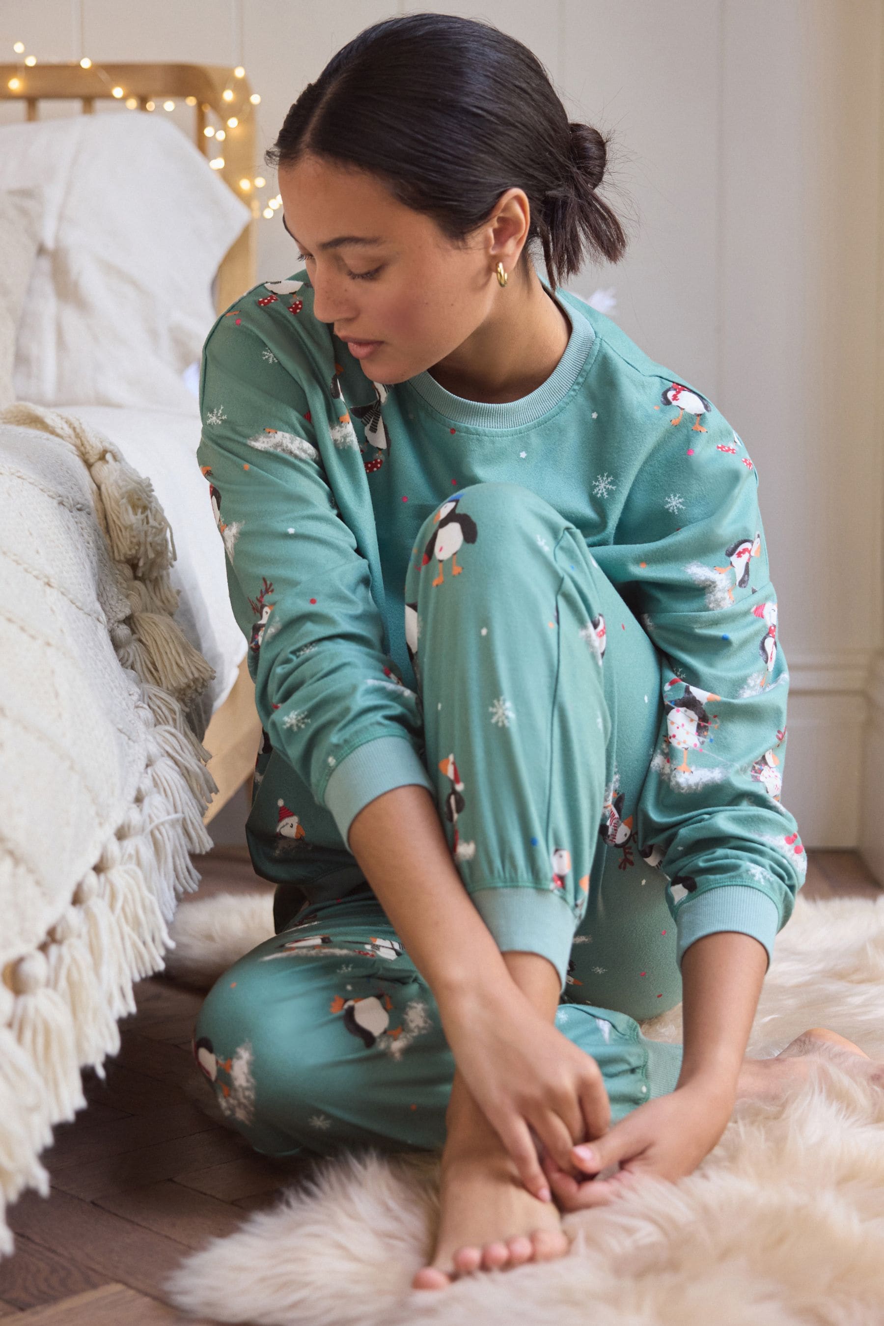 Sage Green Puffins Cosy Long Sleeve Pyjamas