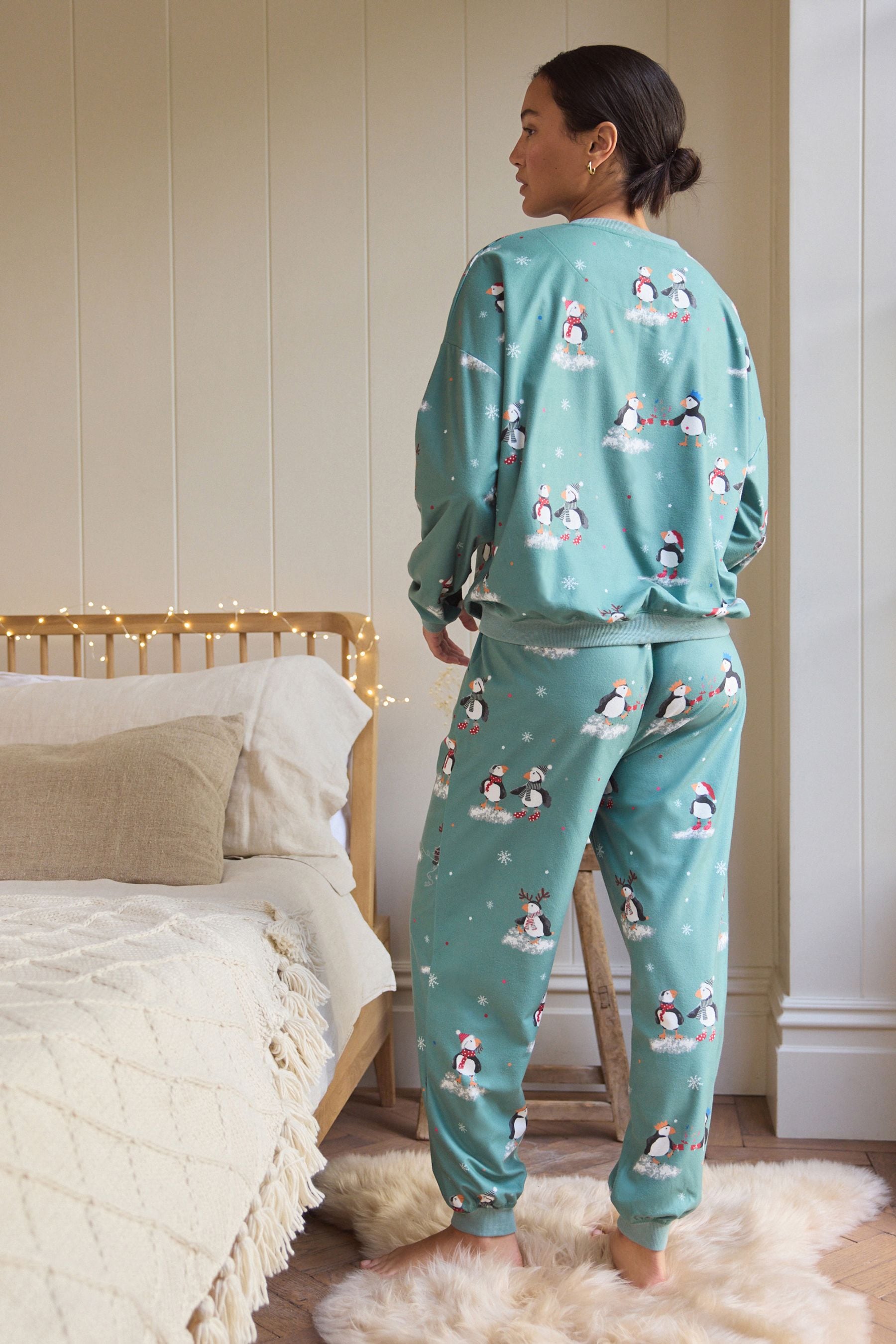 Sage Green Puffins Cosy Long Sleeve Pyjamas