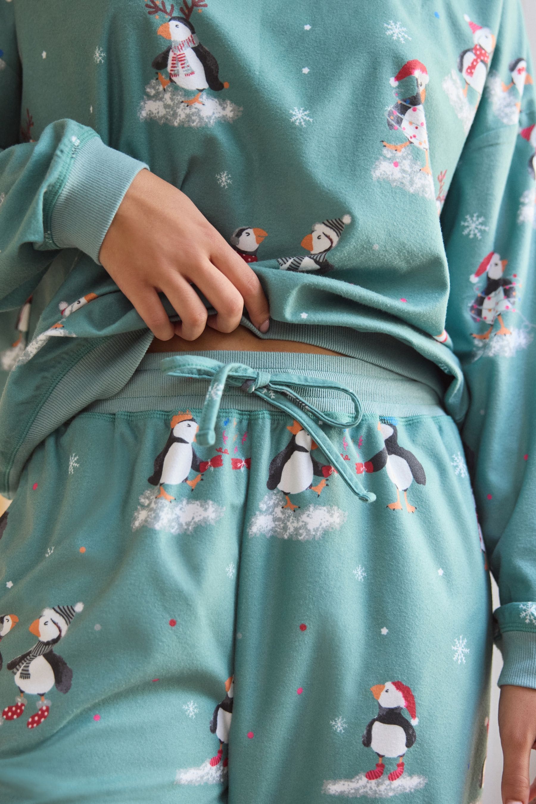 Sage Green Puffins Cosy Long Sleeve Pyjamas