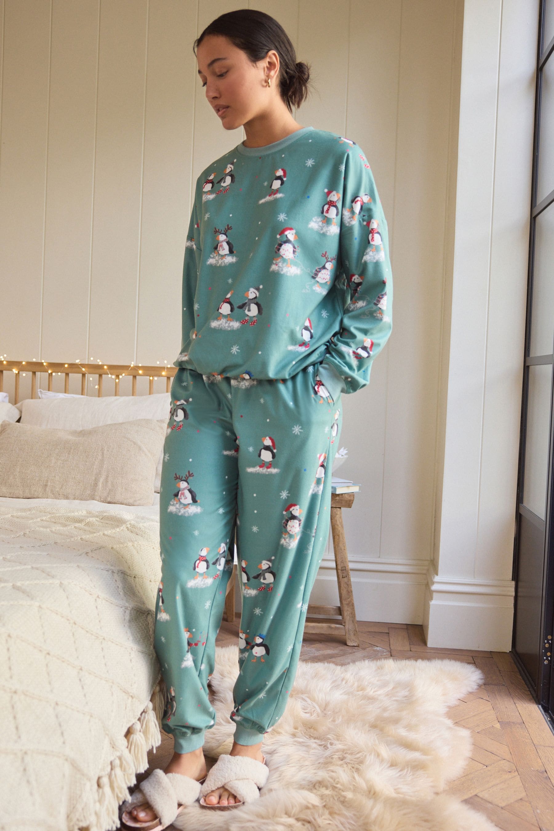 Sage Green Puffins Cosy Long Sleeve Pyjamas