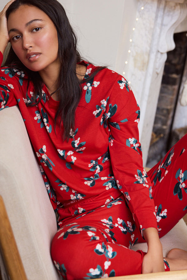 Red Mistletoe 100% Cotton Long Sleeve Pyjamas