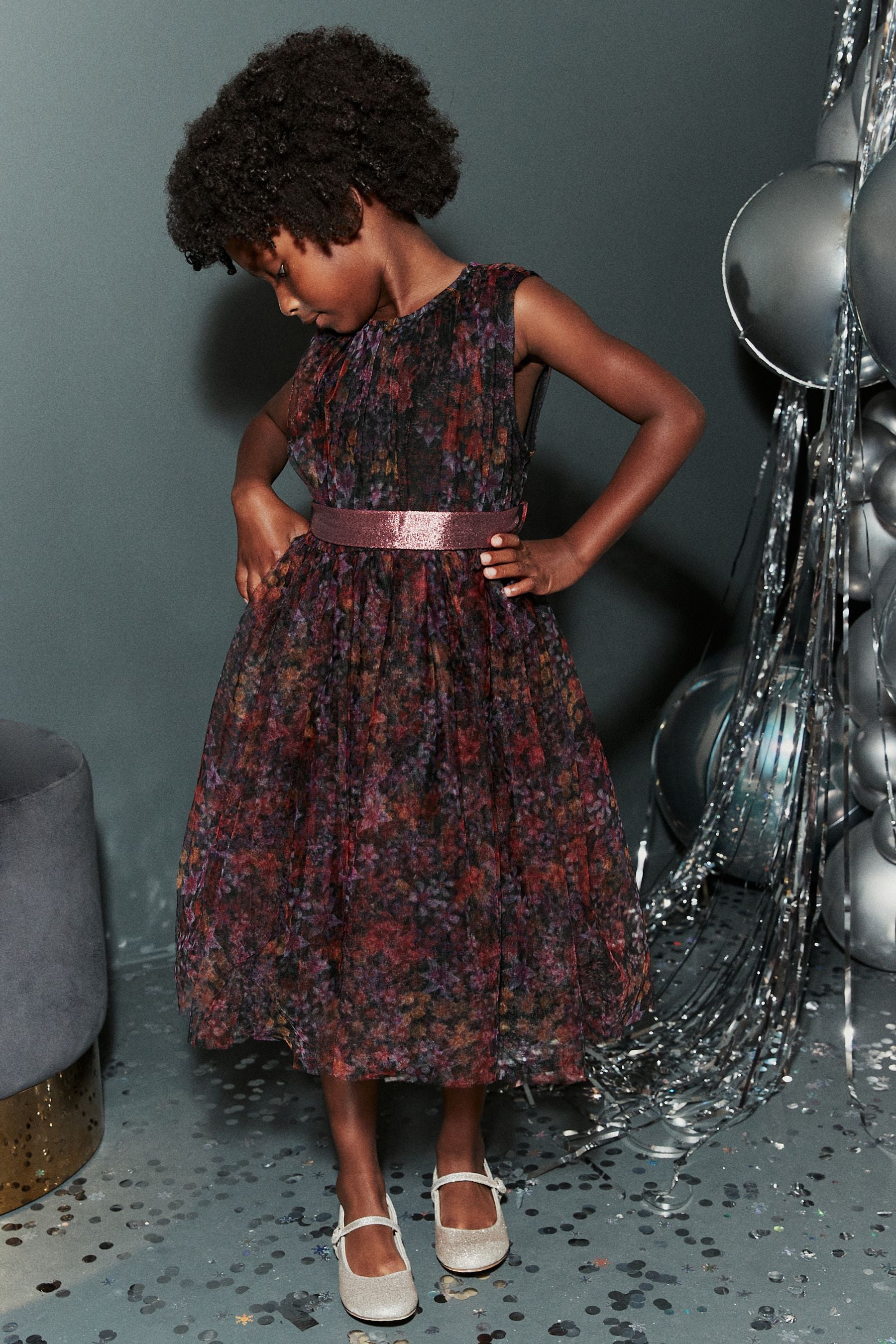 Floral Print Mesh Tie Back Party Dress (3-16yrs)