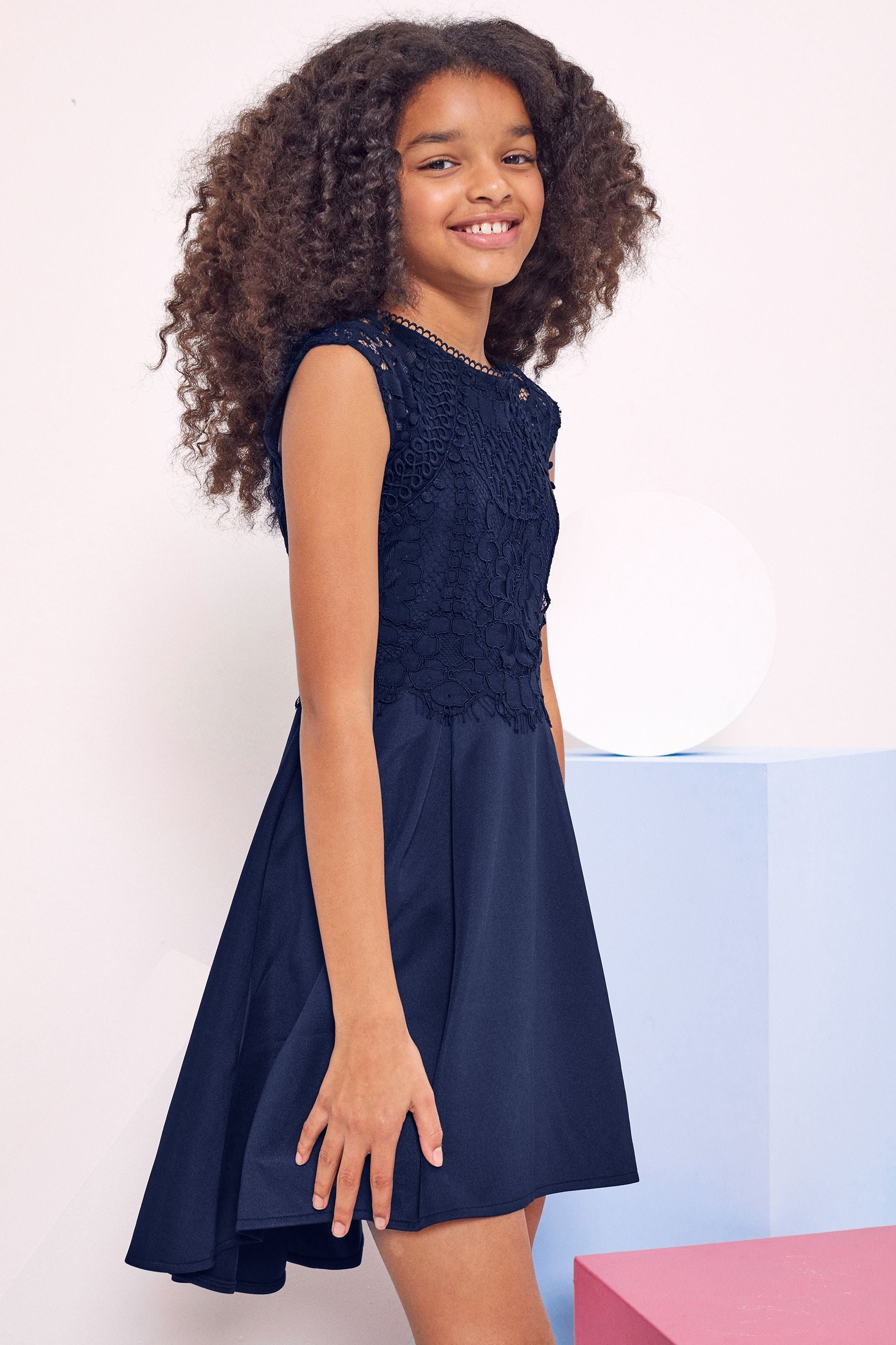 Navy Blue Lace Bodice Occasion Dress