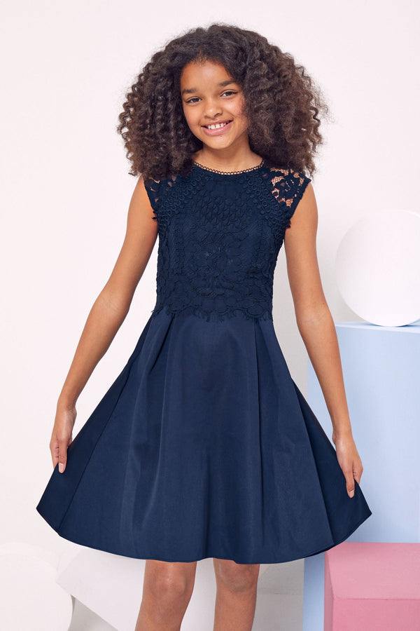 Navy Blue Lace Bodice Occasion Dress