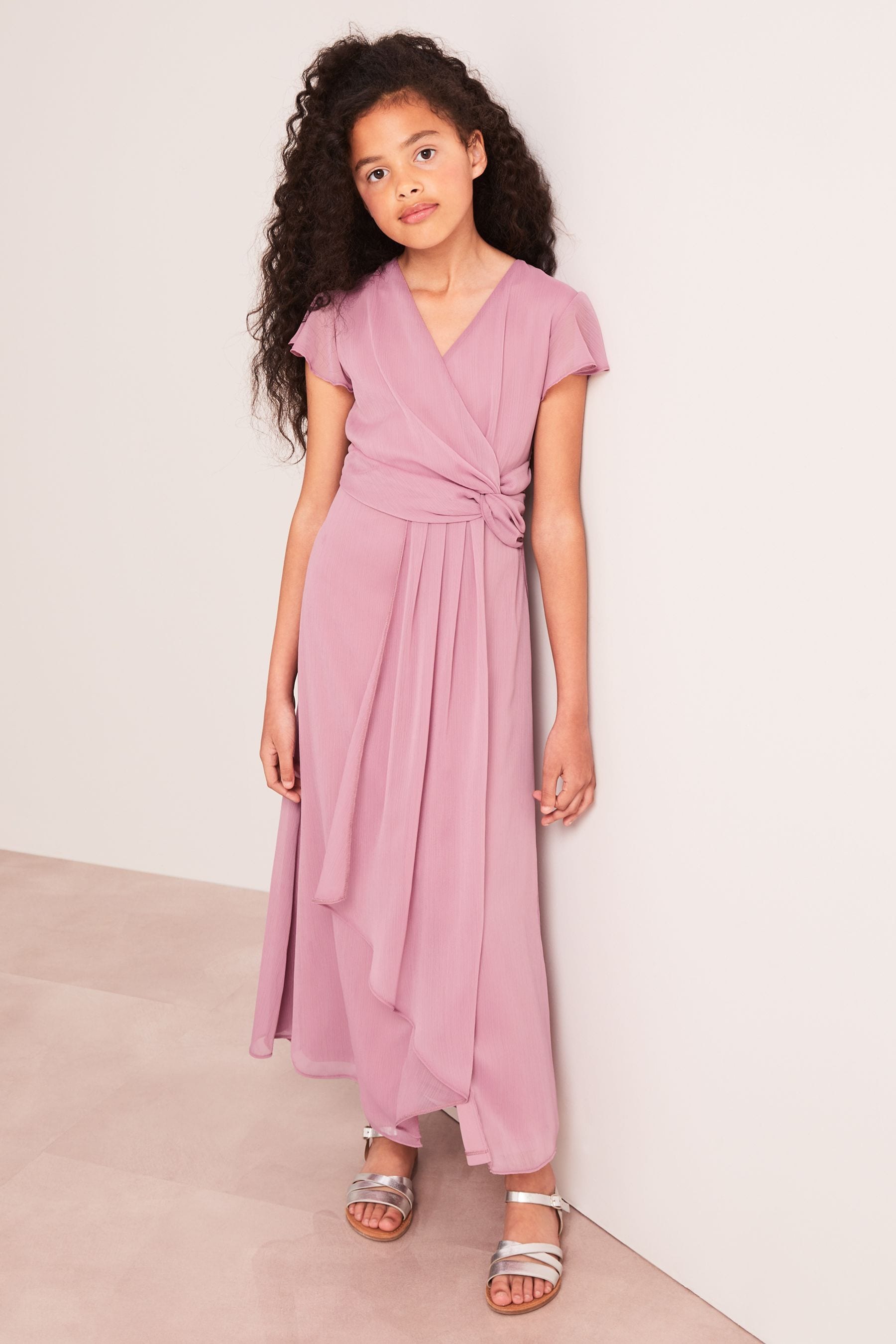 Rose Pink Flutter Sleeve Occasion Maxi Dress - Teen