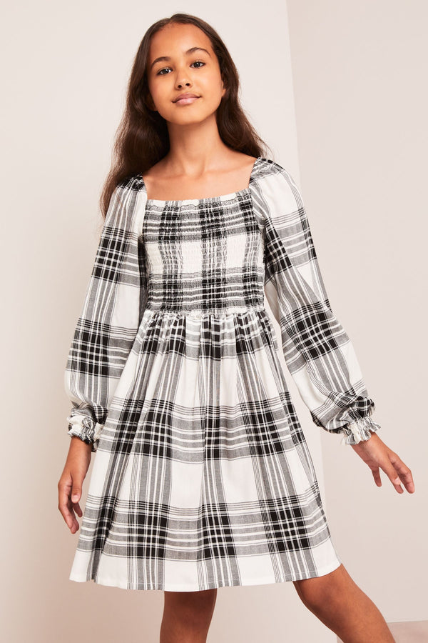 Black Check Shirred Dress