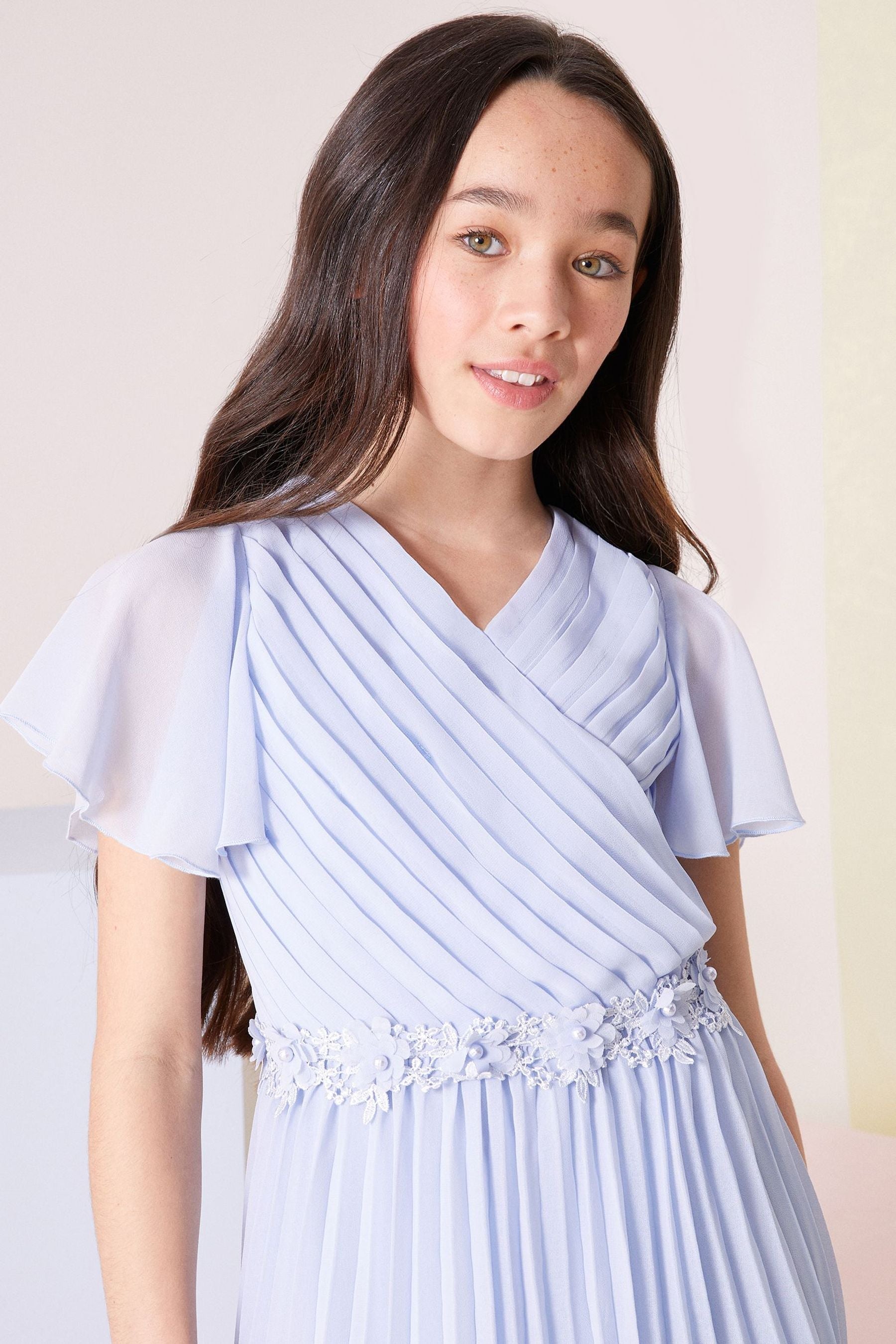 Blue Ruffle Sleeve Pleated Occasion Dress