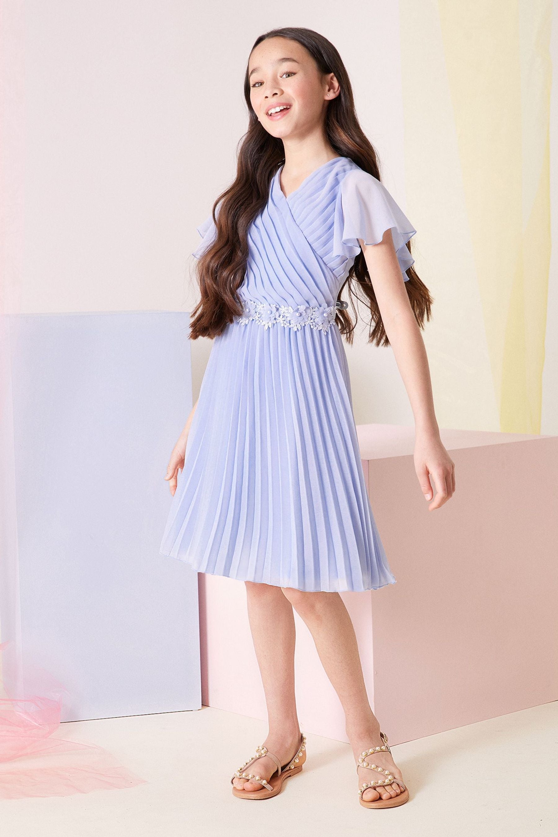 Blue Ruffle Sleeve Pleated Occasion Dress