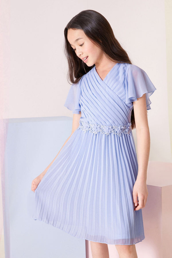 Blue Ruffle Sleeve Pleated Occasion Dress