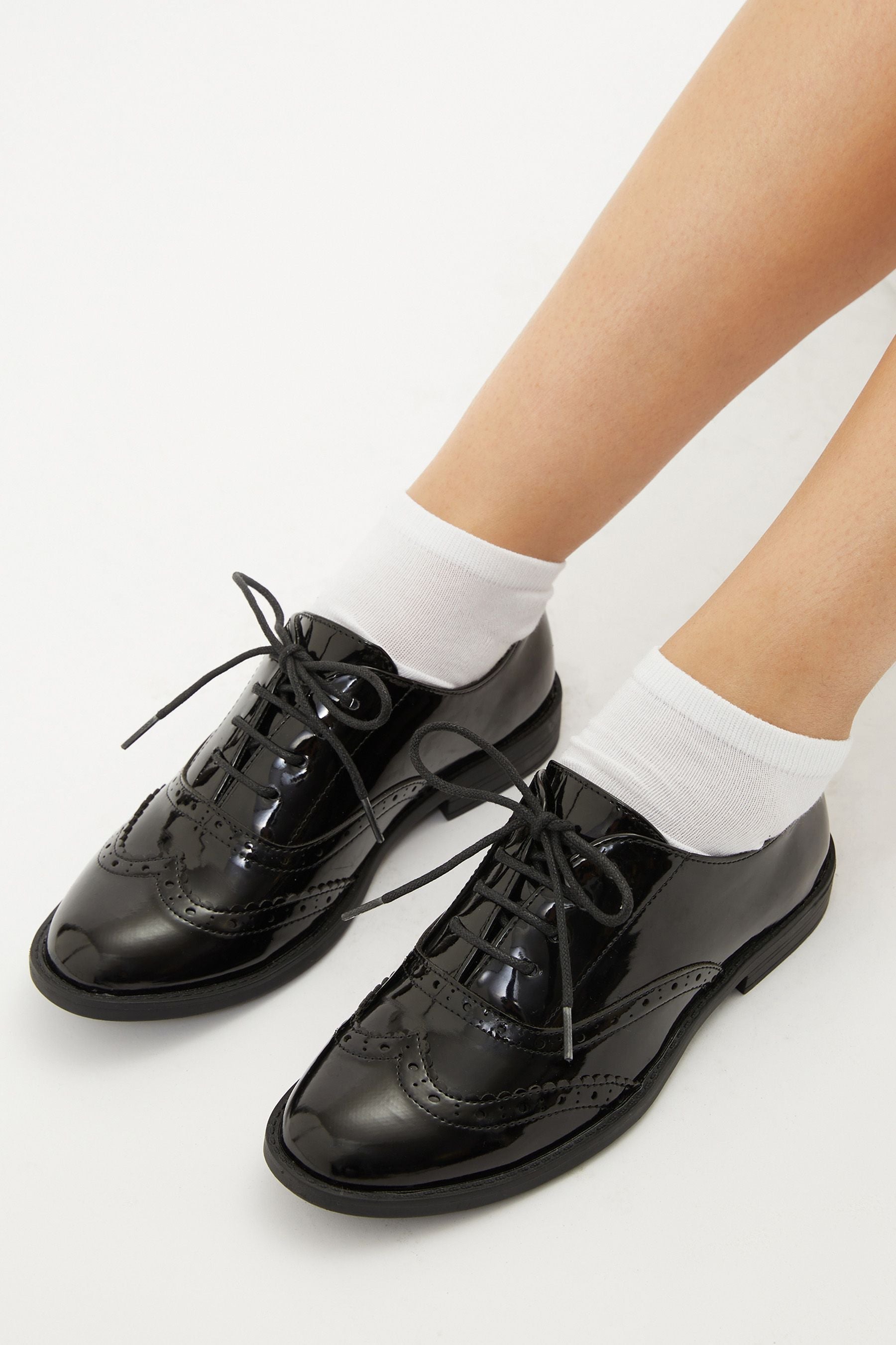 Black Lace Up Flat Patent Brogue School Shoe