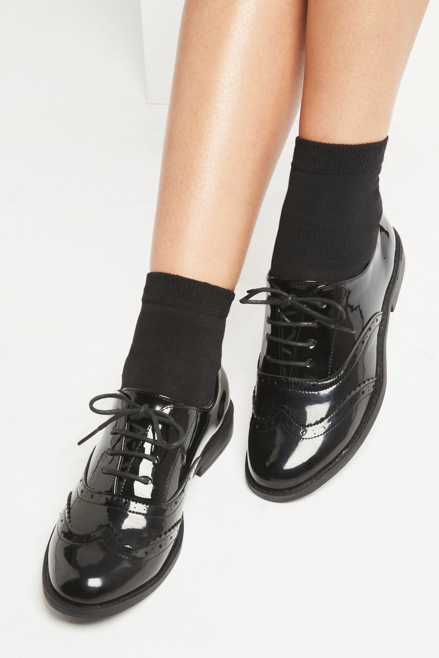 Black Lace Up Flat Patent Brogue School Shoe