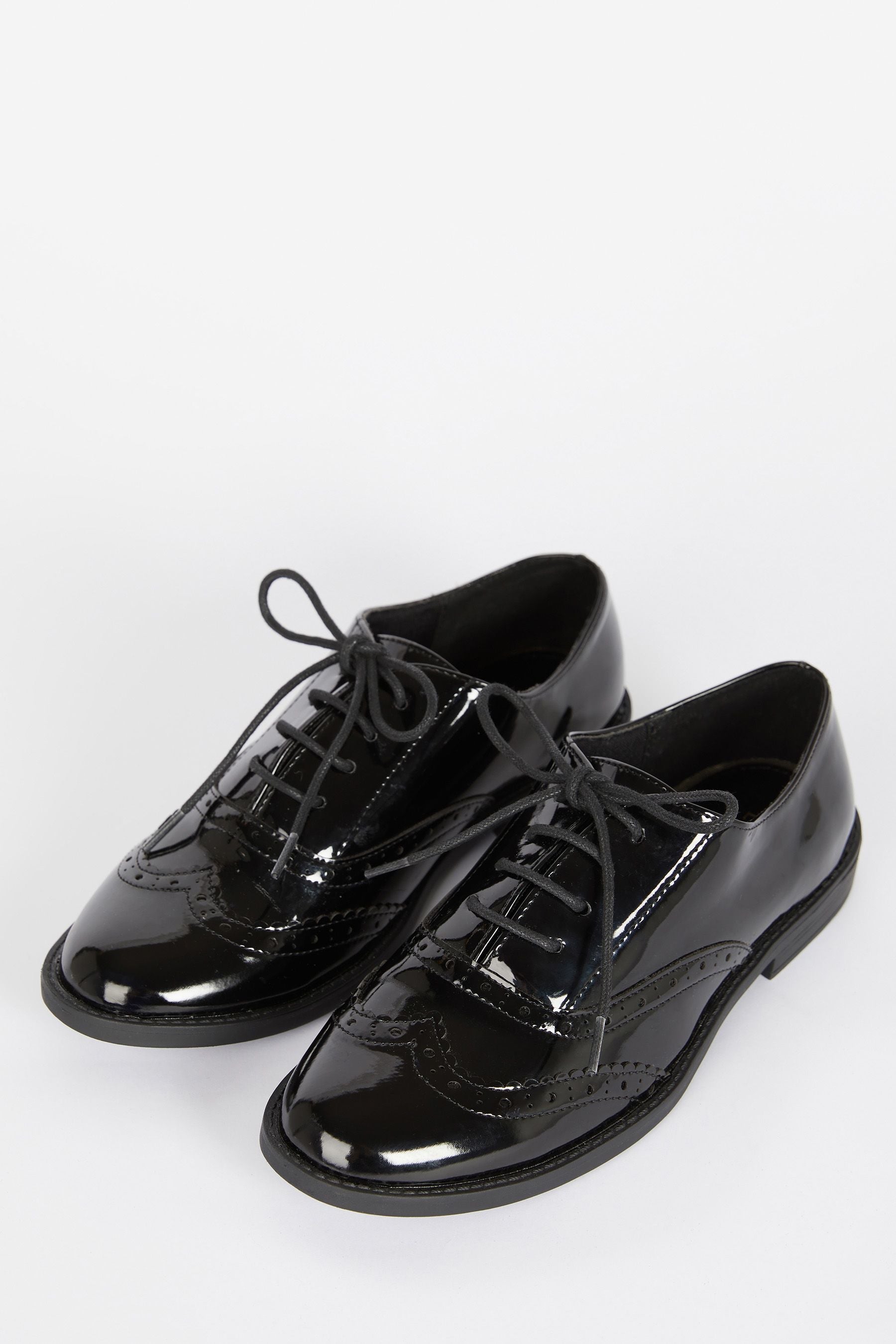 Black Lace Up Flat Patent Brogue School Shoe