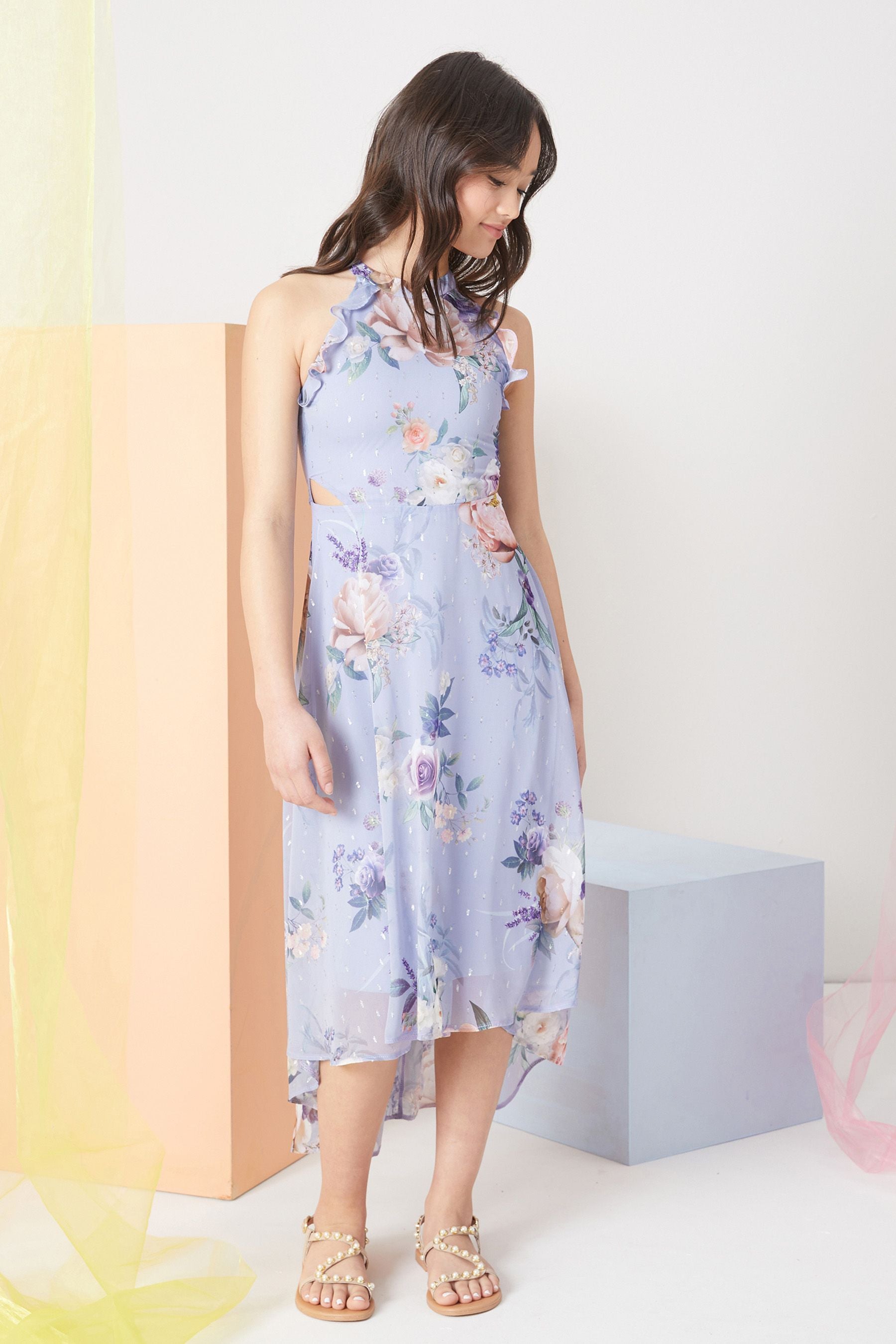 Blue Floral Chiffon Maxi Dress