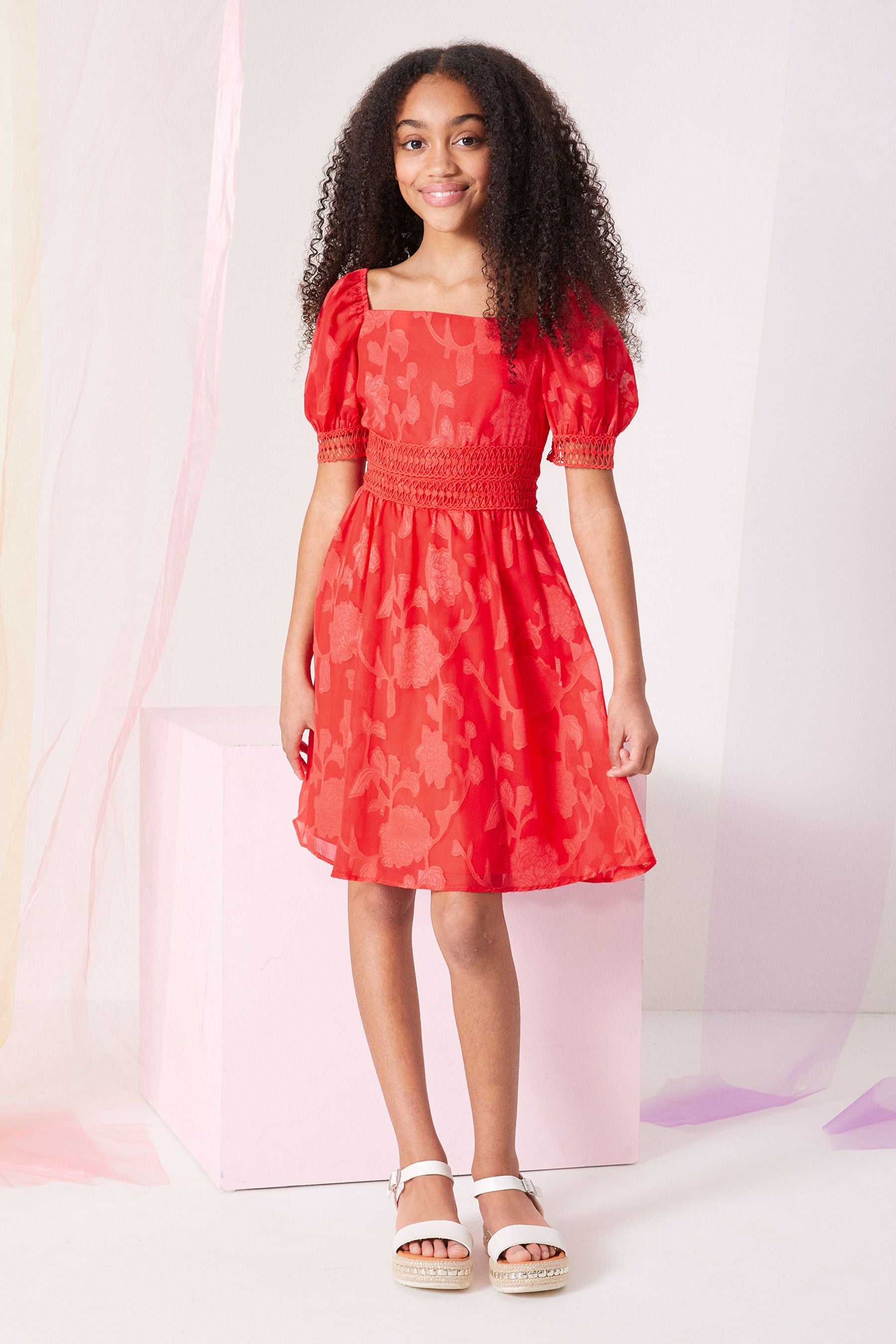 Red Lace Puff Sleeve Occasion Dress