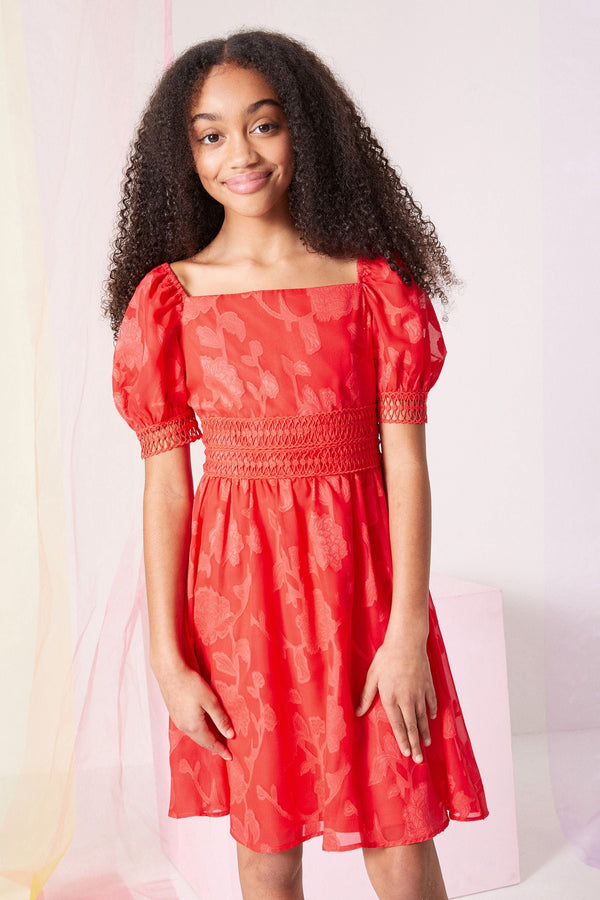 Red Lace Puff Sleeve Occasion Dress