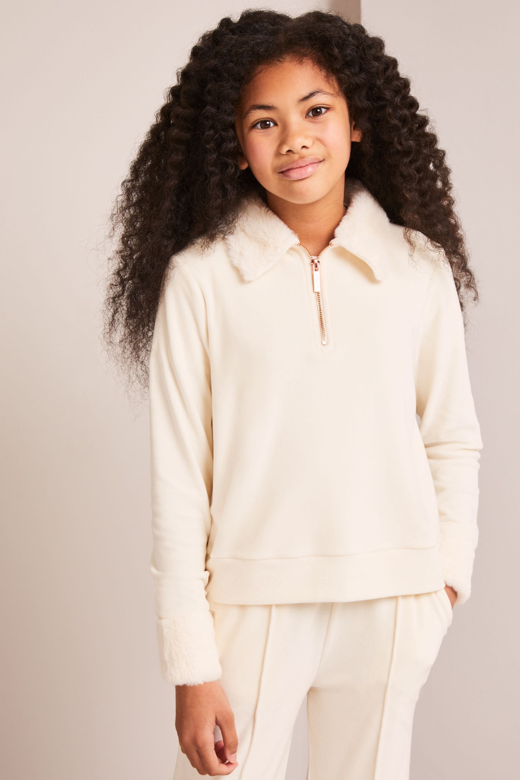 Cream Velour Faux Fur Collar Half Zip Sweatshirt