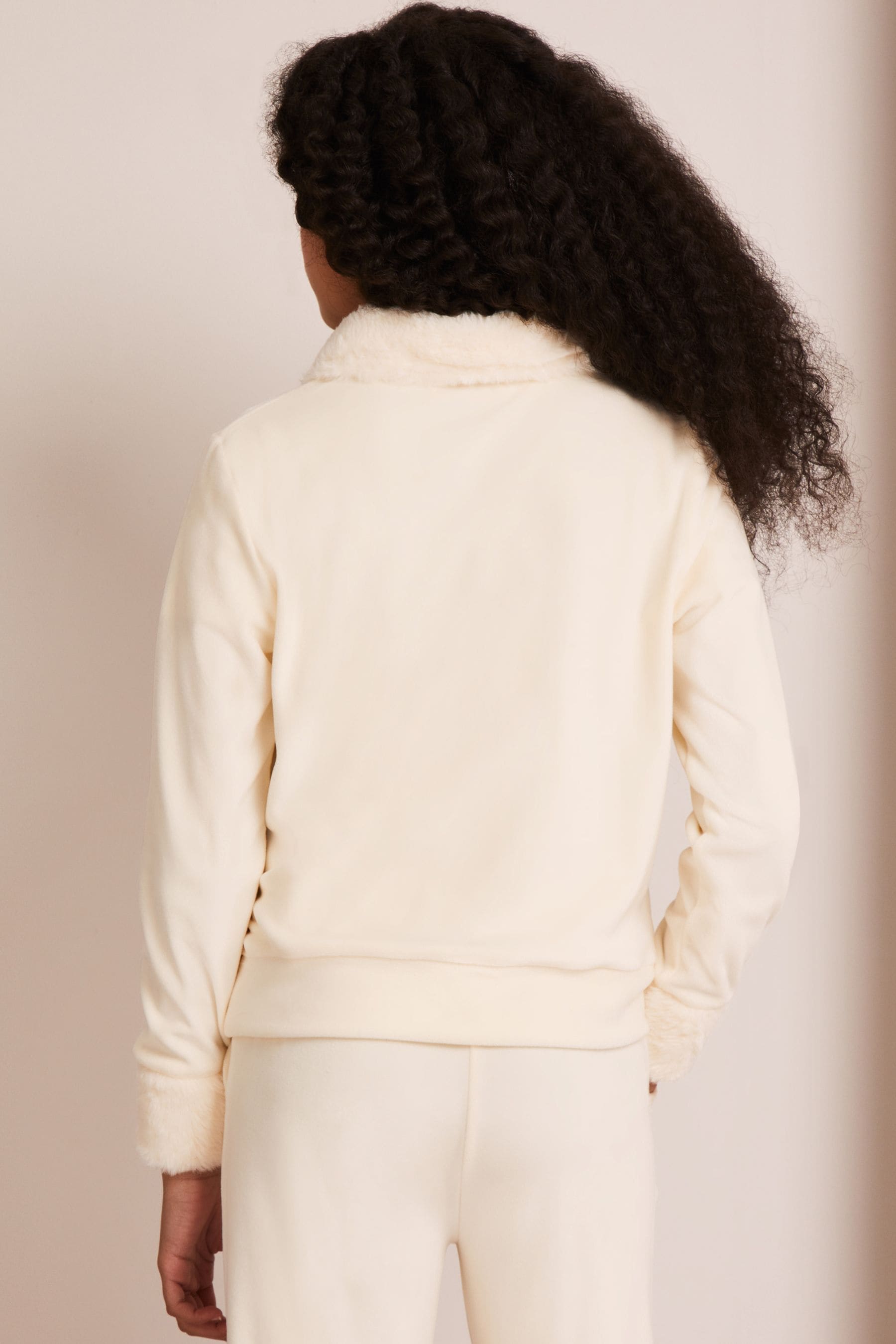 Cream Velour Faux Fur Collar Half Zip Sweatshirt