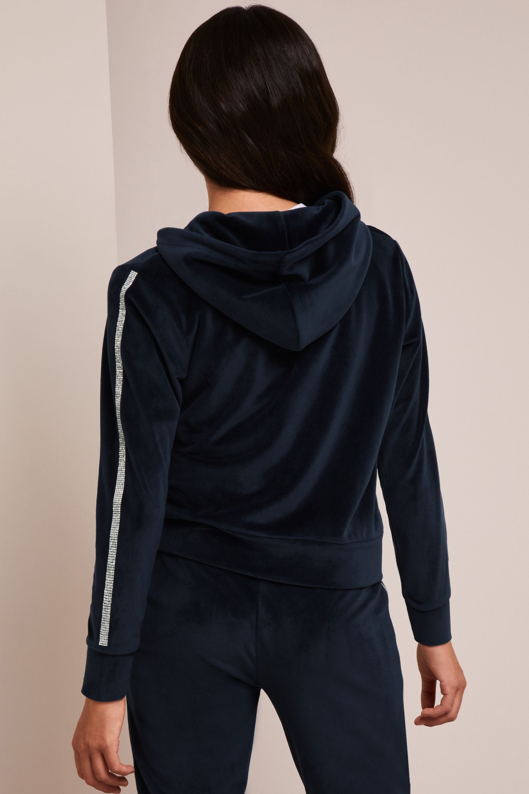 Navy Blue Embellished Velour Zip Up Hoodie